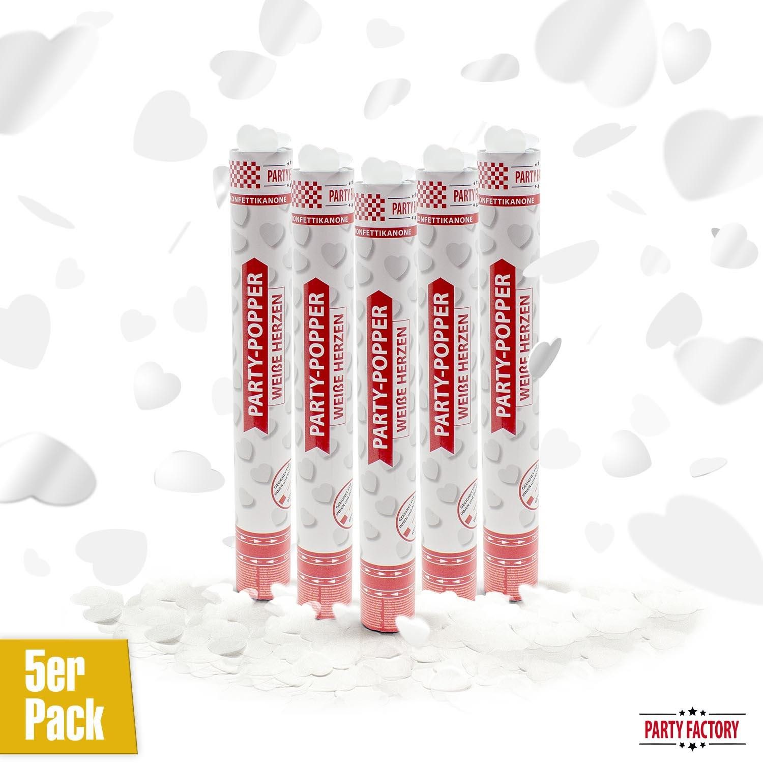 Party Factory Konfetti Party Popper 40cm Weiße Herzen Konfetti 5er Set
