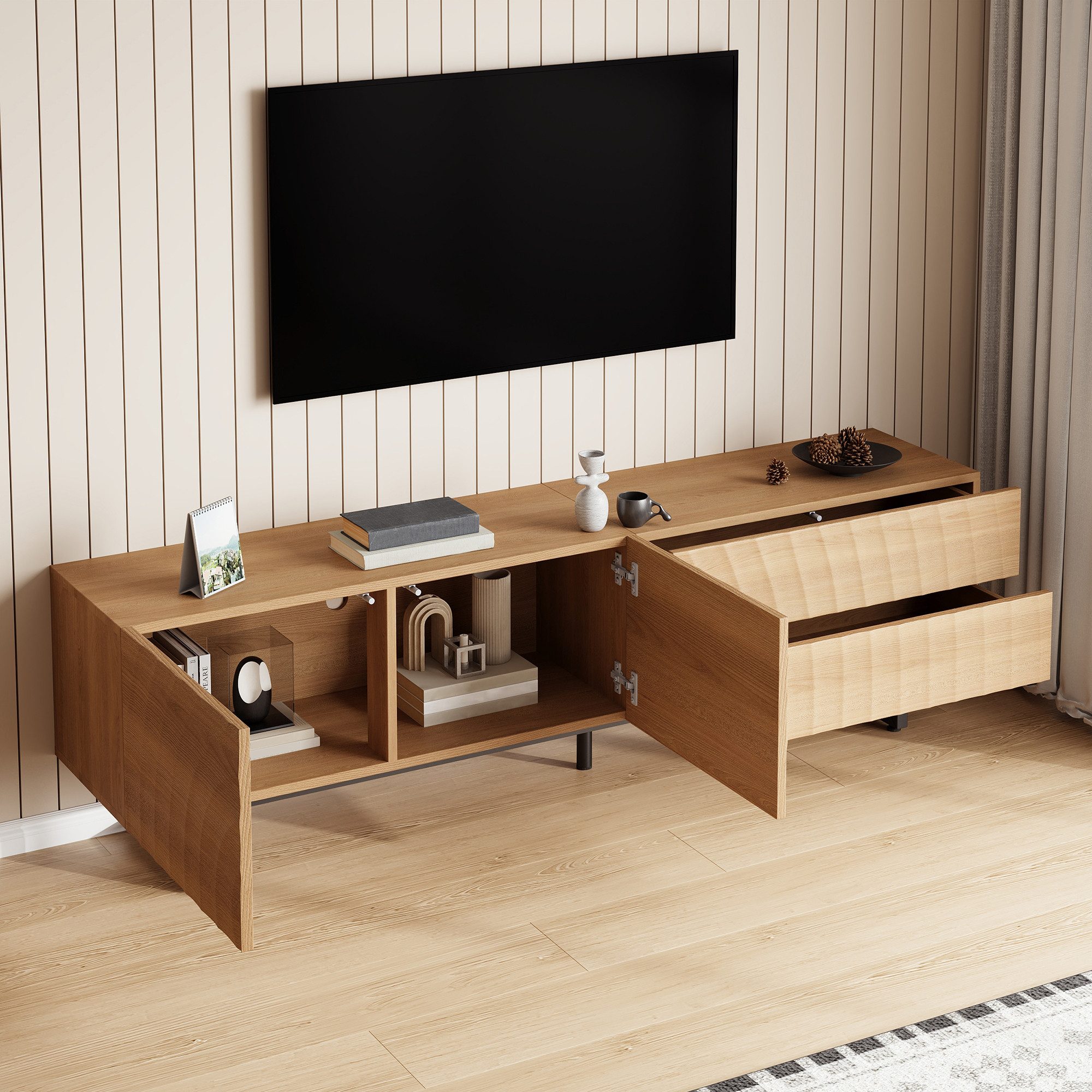 MODFU TV-Schrank Sideboard mit skulpturaler 3D-Textur & welliger Maserung (Packung, 1-St., 180x51,5x38 cm in Natural, 2 Türen, 2 Schubladen, Metallbeine) Heller Holzsockel unterstreicht das einzigartige Design