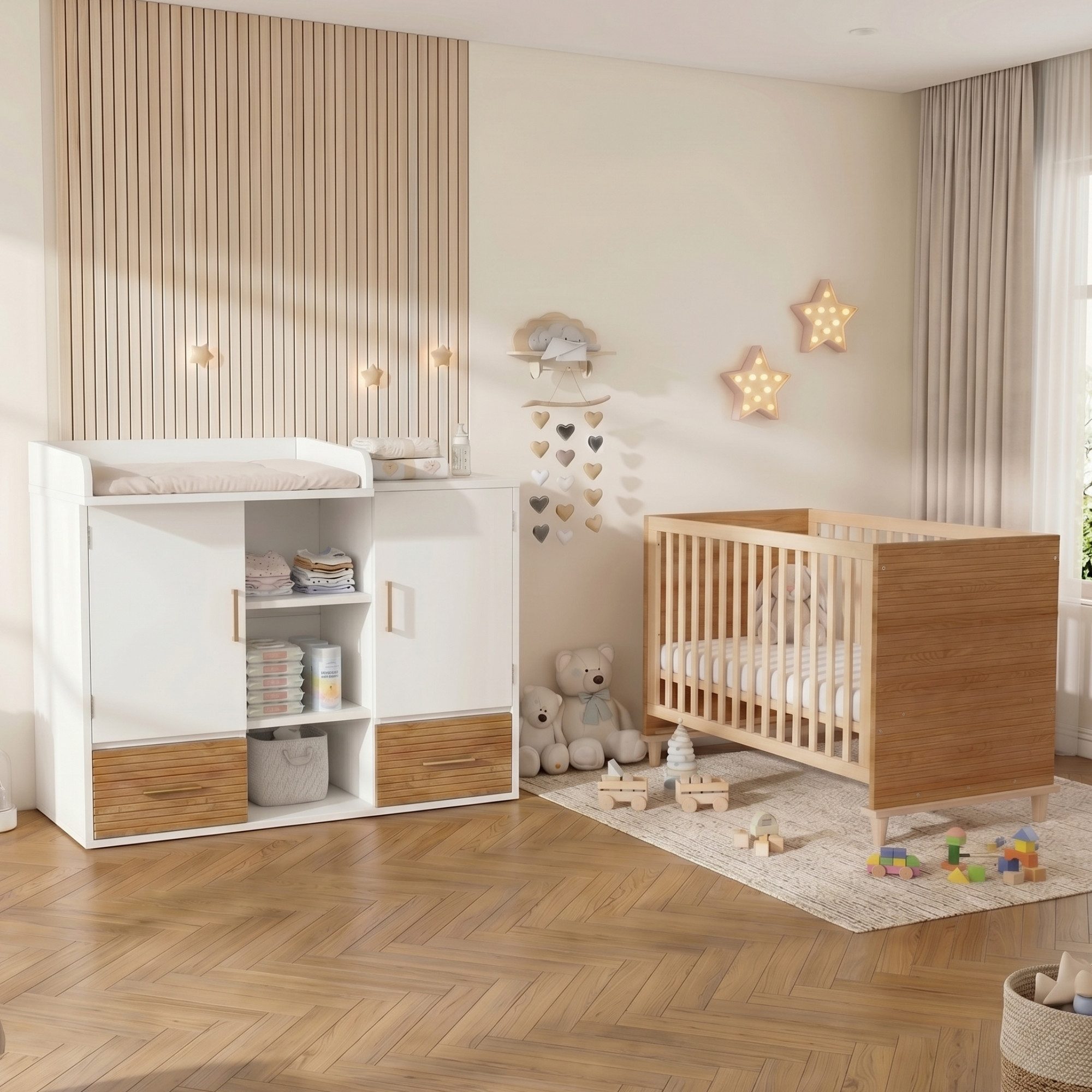 MIBODE Babymöbel-Set Wickeltisch & Babybett Set, Kinderzimmermöbel, Naturholz