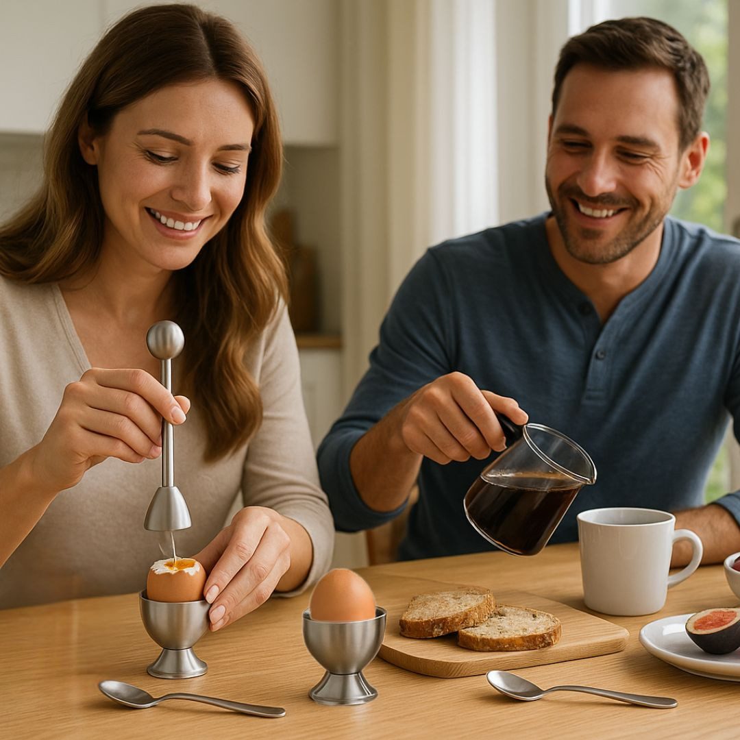 Topanbieter999 Eierköpfer rostfreier Edelstahl, sauberer Schalenschnitt, Federmechanismus, (ideal für 2 Personen, 5-tlg Set besteht aus 2 Eierbecher, 2 Löffel u – Bild 2 von 5