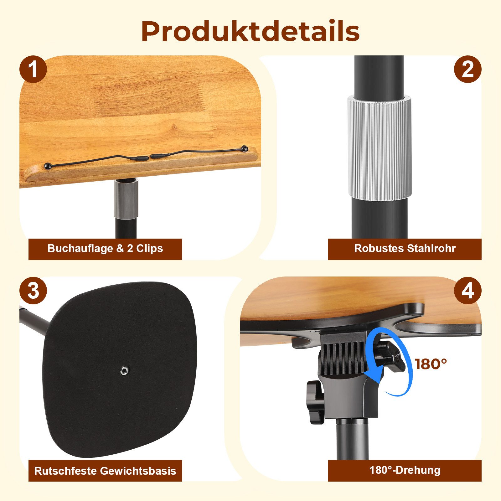 JOYOLEDER Buchstütze Buchständer Höhenverstellbar 50-130cm, Holz Leseständer mit Elastische (Seitenclips, Kochbuchhalter Buch Halterung, zum Lesen für Noten Rez – Bild 4 von 5