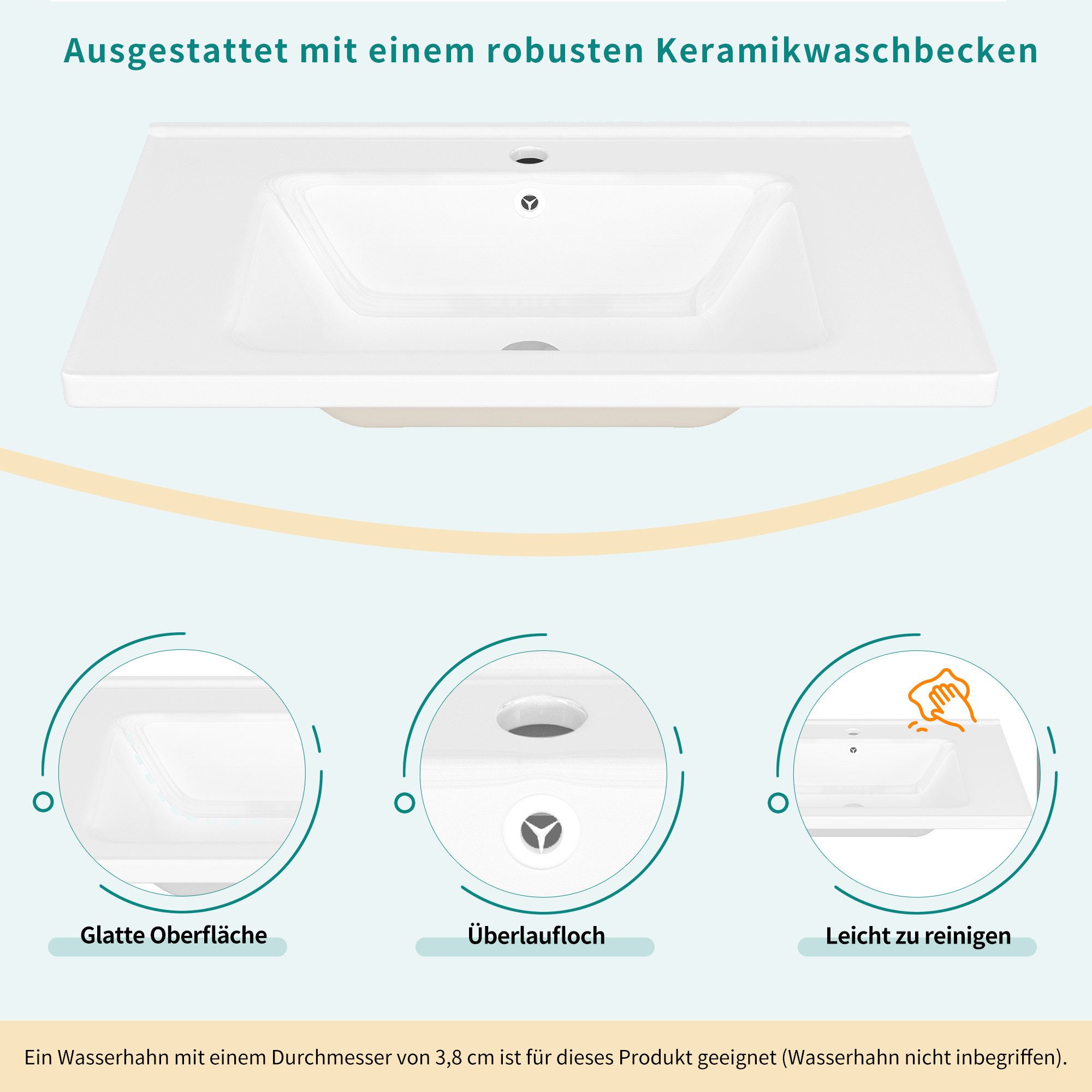 Celya Waschbeckenunterschrank Waschtischunterschrank mit Schubladen und Türen Badezimmerschrank (Mit Keramik-Waschbecken) wandhängend,Viel Stauraum,Wasserdichte – Bild 4 von 5