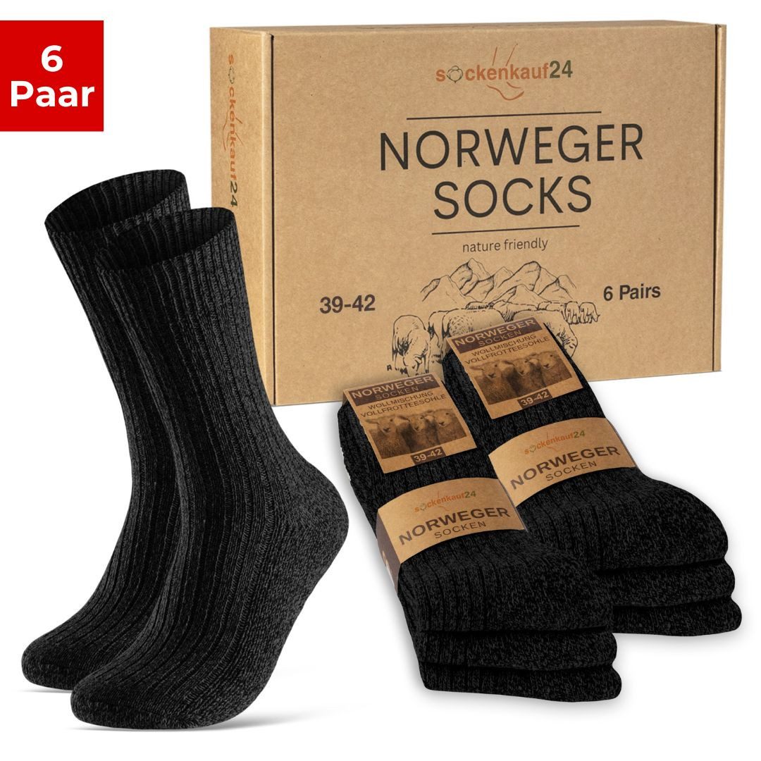 sockenkauf24 Norwegersocken 6 Paar Damen & Herren Носки mit wärmender Wolle Exclusive Зимние носки Schwarz Grau Anthrazit - 70301