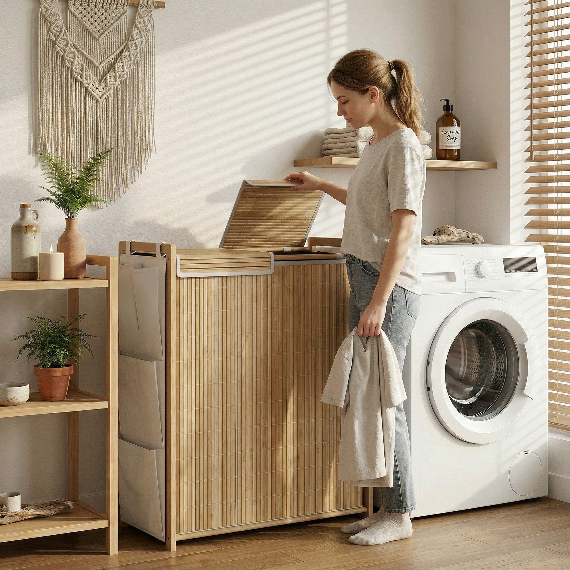 HOMCOM Wäschekorb Wäschesortierer mit Griff, bnehmbarem Kordelzug-Sack (Wäschebox, 1 St., Wäschesammler mit Innensäcken), Bambus, 120 l, Seitenfächer, Deckel