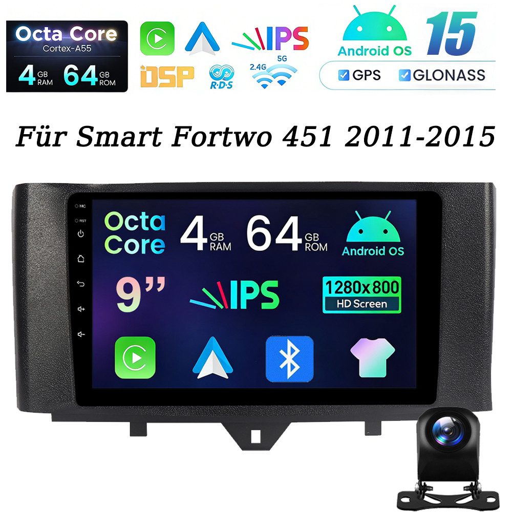 A-Sure Für Smart Fortwo 451 2011-2015 4+64G Android 15 Wireless Carplay WiFi Autoradio (Digitalradio (DAB), FM, AM, 1280*800 IPS Screen/8-Core CPU)