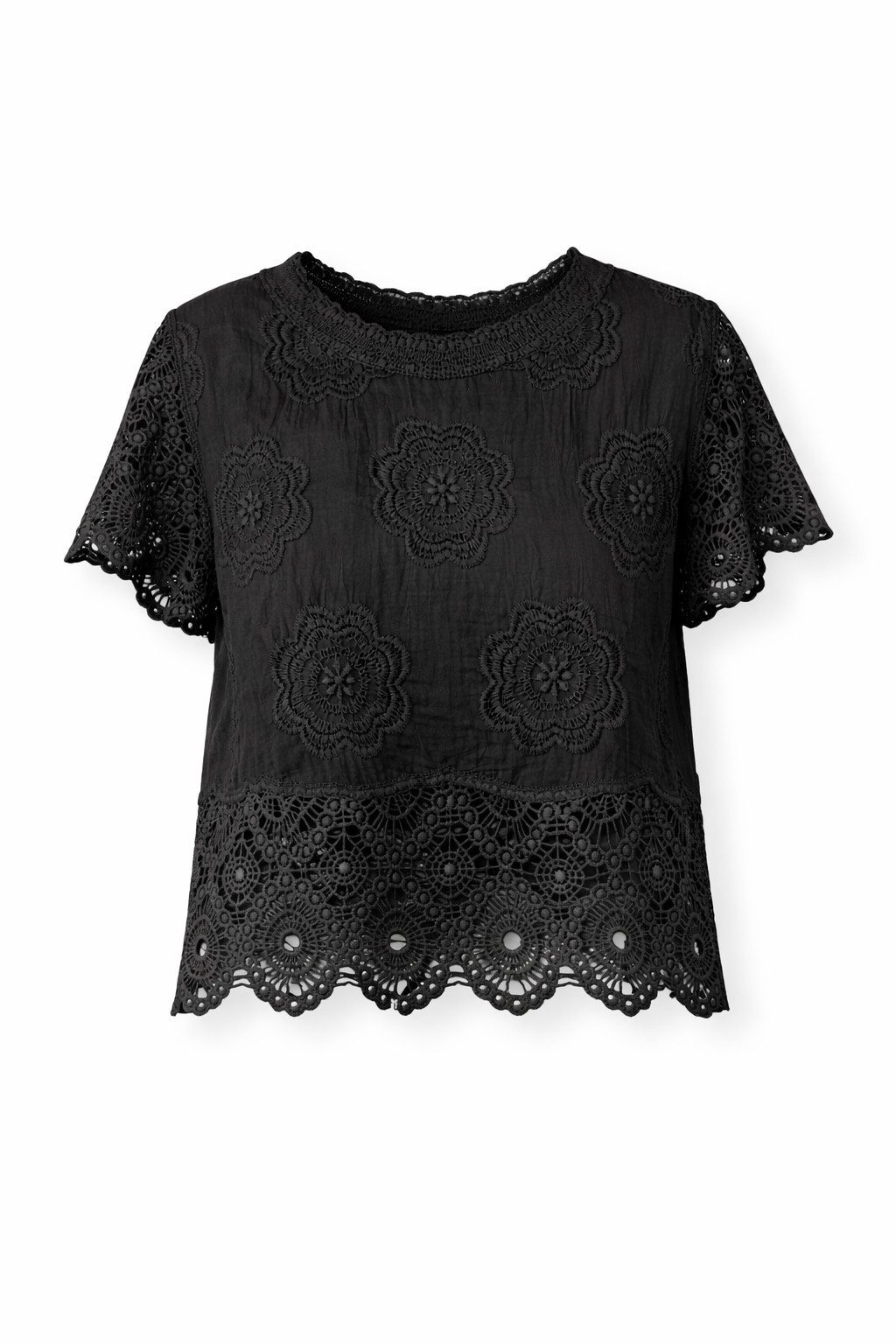 ITALY VIBES Spitzenbluse - Häkelbluse - schwarze Bluse - Shirtbluse - Kurzarm - ITALY VIBES ONE SIZE - passend für Größen XS - L
