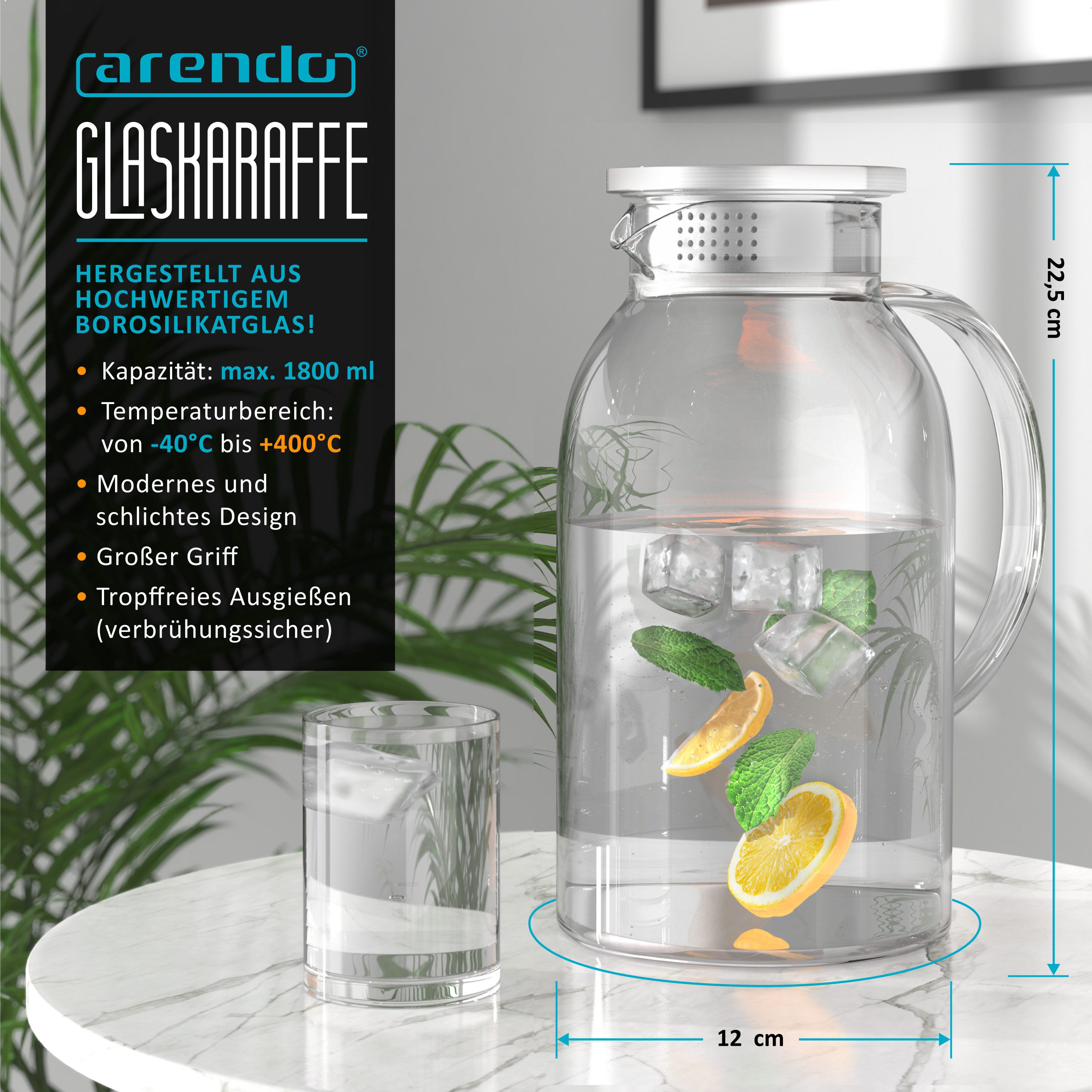 Arendo Karaffe Glaskaraffe 1,8 Liter mit Deckel aus lebensmittelechtem Edelstahl, (Packung, 1x Glaskaraffe mit Edelstahldeckel), Borosilikatglas, 1800 ml, Sieb, hitze- und kältebeständig, BPA-frei