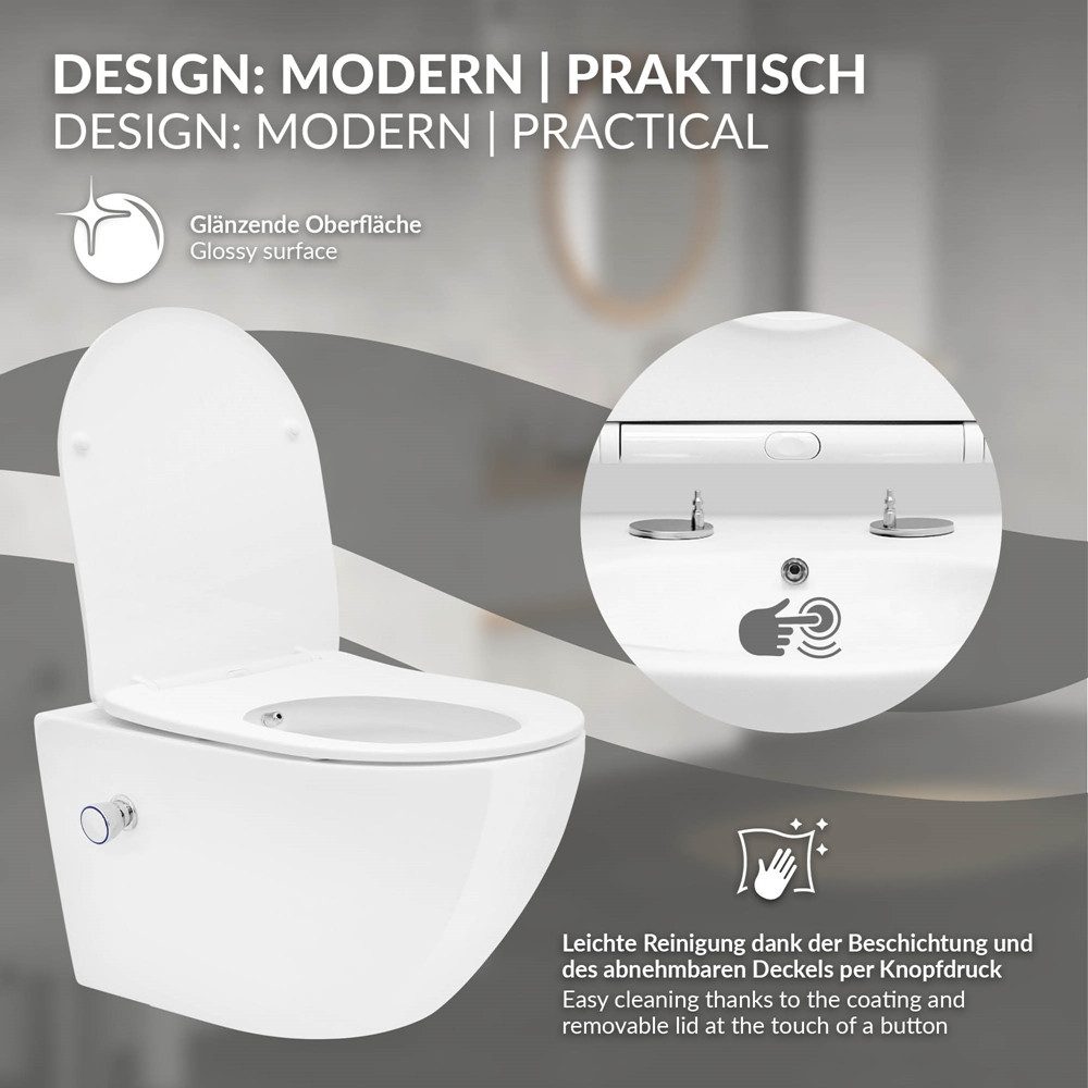 LuxeBath Tiefspül-WC Spülrandloses Wand Hänge WC aus Keramik, mit WC-Sitz Absenkautomatik, Toilette Weiß mit Bidet-Funktion, Tornadospülung, Softclose-Klodeckel