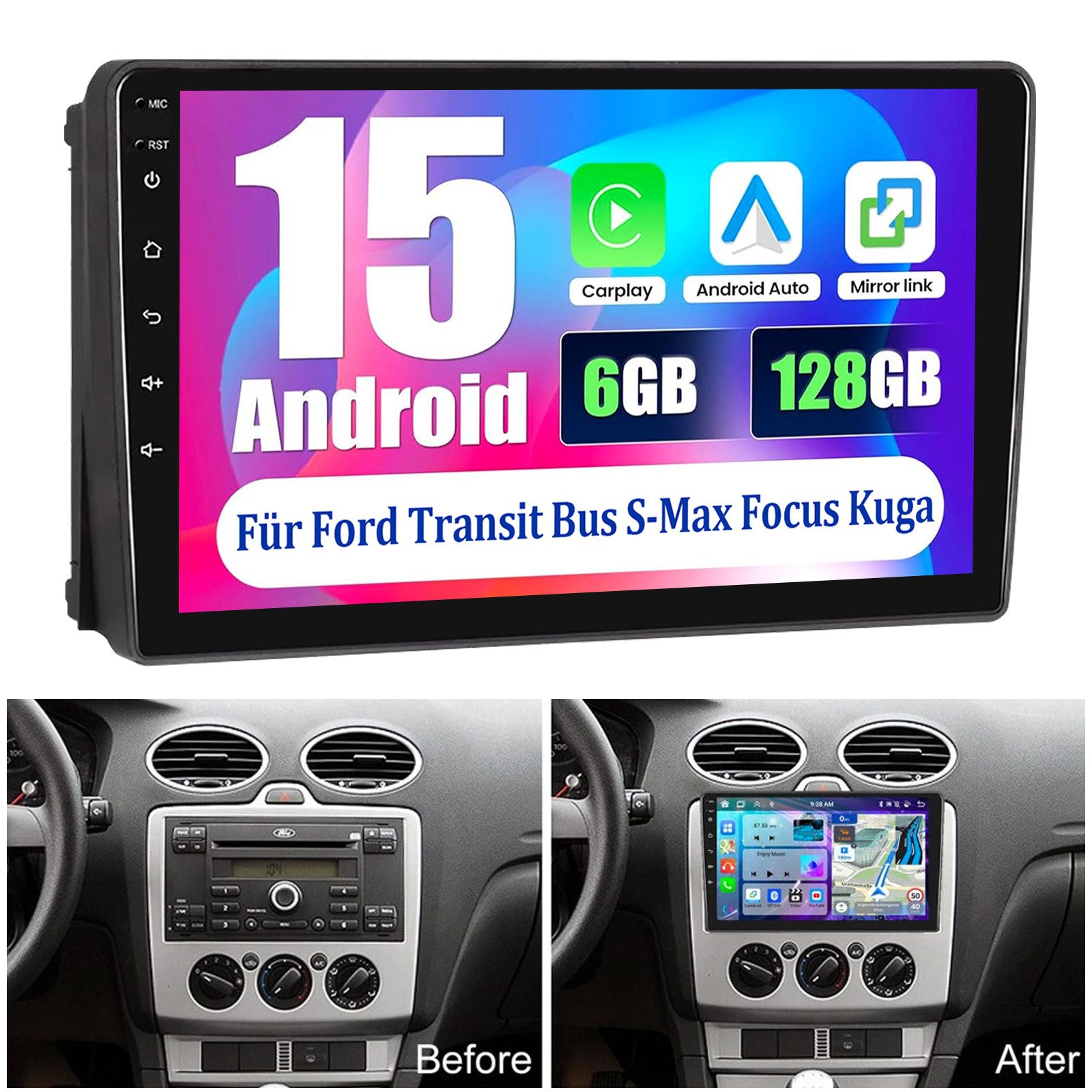ESSGOO DAB+ Android 15 Für Ford Focus Transit MK7 Fiesta Kuga GPS NAVI 6+128G Autoradio (RDS, 6GB+128GB, 4G LTE, FM, AM, DAB+ (optional), Drahtlos Carplay und Android Auto. Zoll Octa-Core)