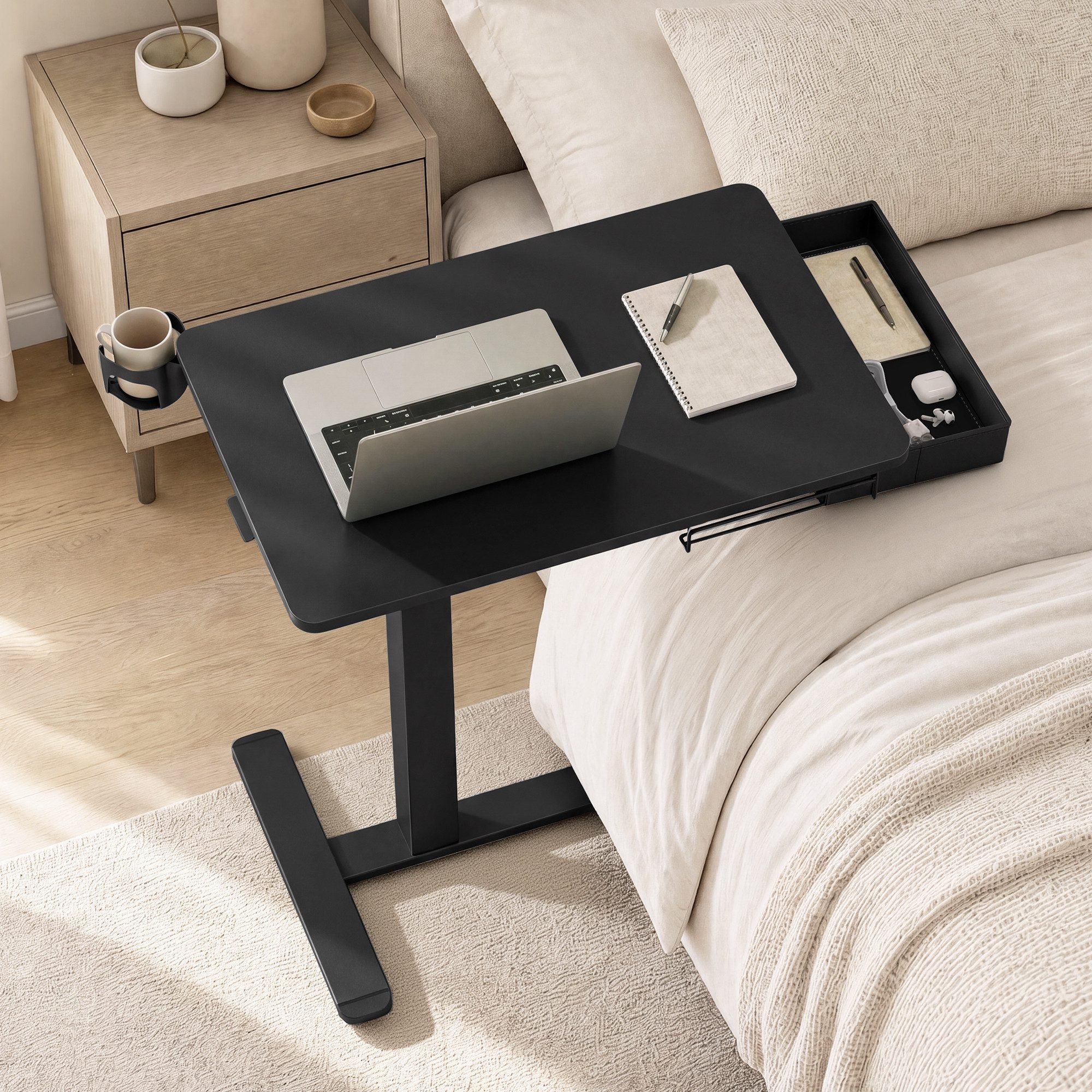 VASAGLE Schreibtisch Höhenverstellbarer Schreibtisch Laptoptisch mit Schublade und Rollen, 70 x 45 cm Für Schlafzimmer und Wohnzimmer mit Getränkehalter – Bild 2 von 5