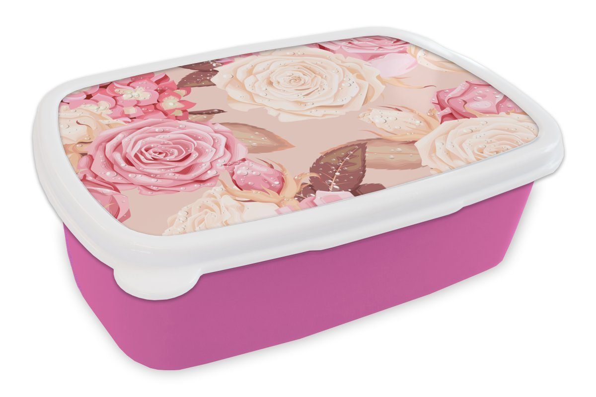 MuchoWow Lunchbox Rosen - Rosa - Weiß - Collage, Kunststoff, (2-tlg), Brotbox für Erwachsene, Brotdose Kinder, Snackbox, Mädchen, Kunststoff