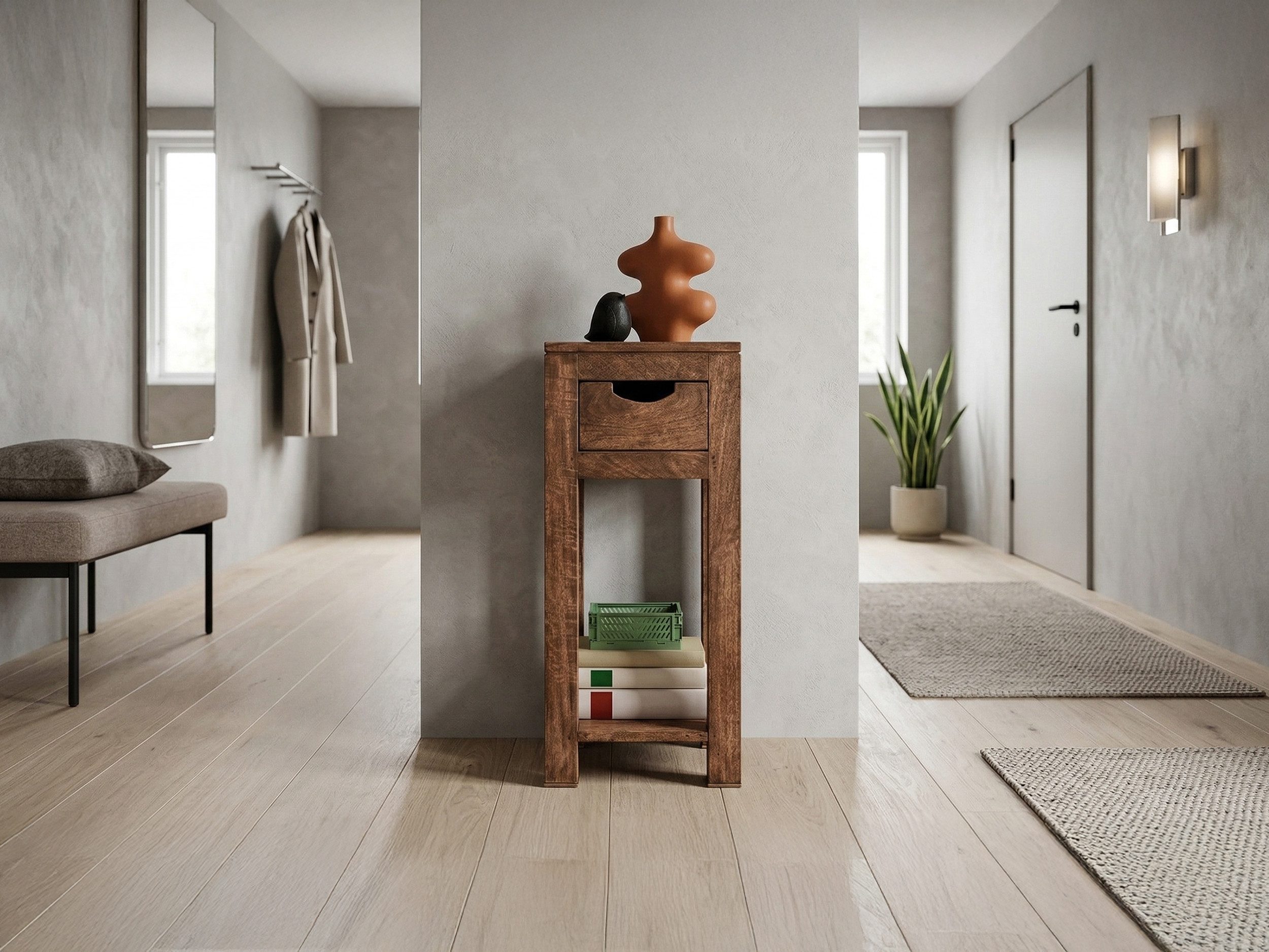 Massivart® Beistelltisch Massivholz 29 x 65 cm, Mangoholz dunkel gebeizt »MANGALA«, montiert · 1 Schublade · Wohnzimmer · Flur