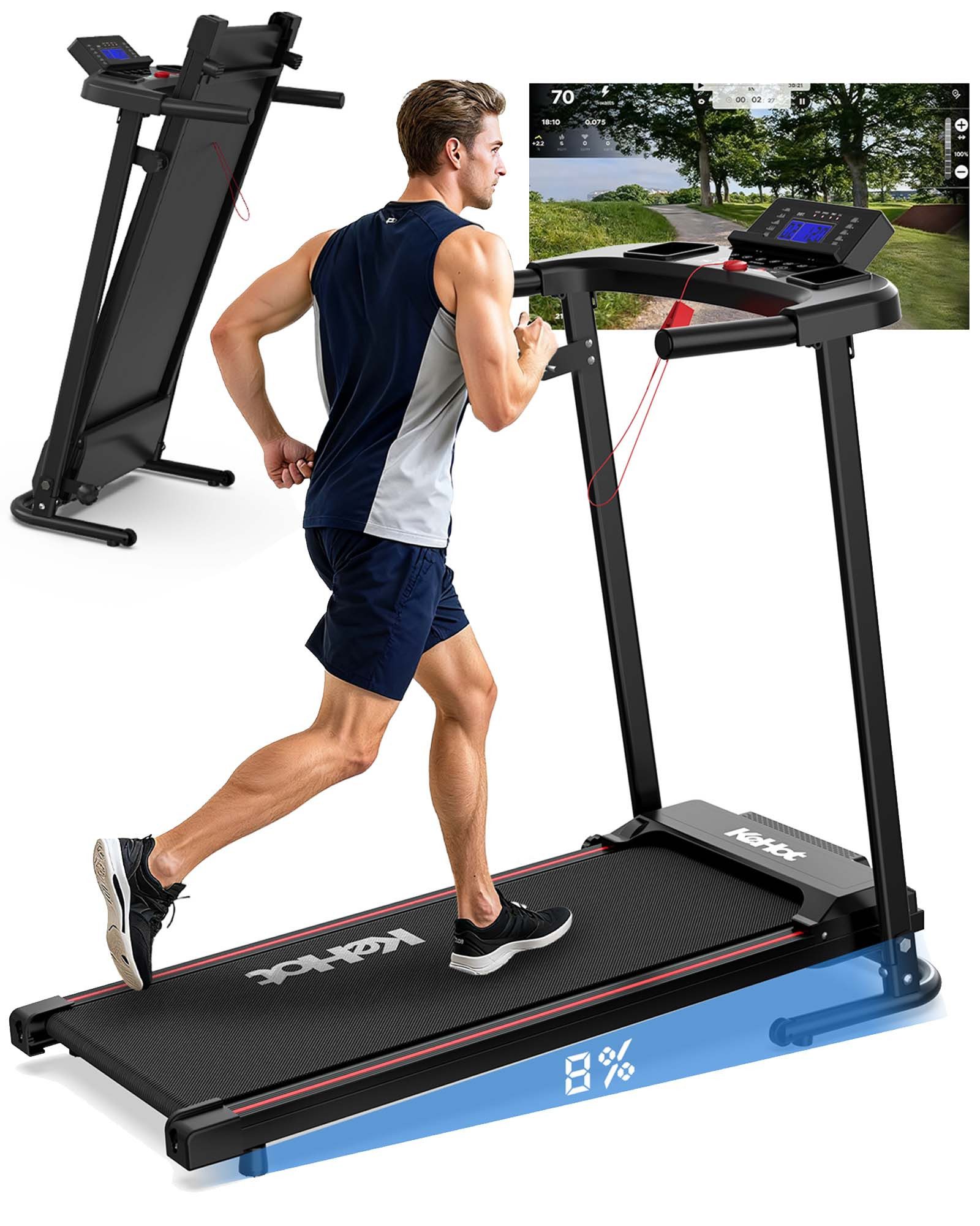 kehot Laufband Laufband klappbar mit 8% Steigung – bis 12 km/h Fitnessgerät (Elektrisches Heimtrainer Laufband mit Handlauf & 12 Programmen, App-Steuerung für Kinomap & Zwift, Bluetooth & LED-Display), Stoßdämpfendes Gehgerät Platzsparend, ideal für Home Training