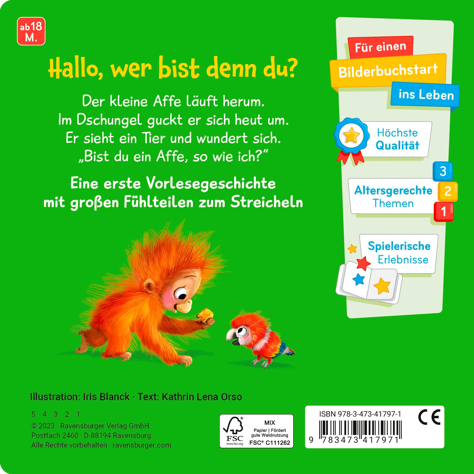 Ravensburger Kinderbuch Pappbilderbuch, Mein erstes Vorlese-Fühlbuch Bist du ein Affe?