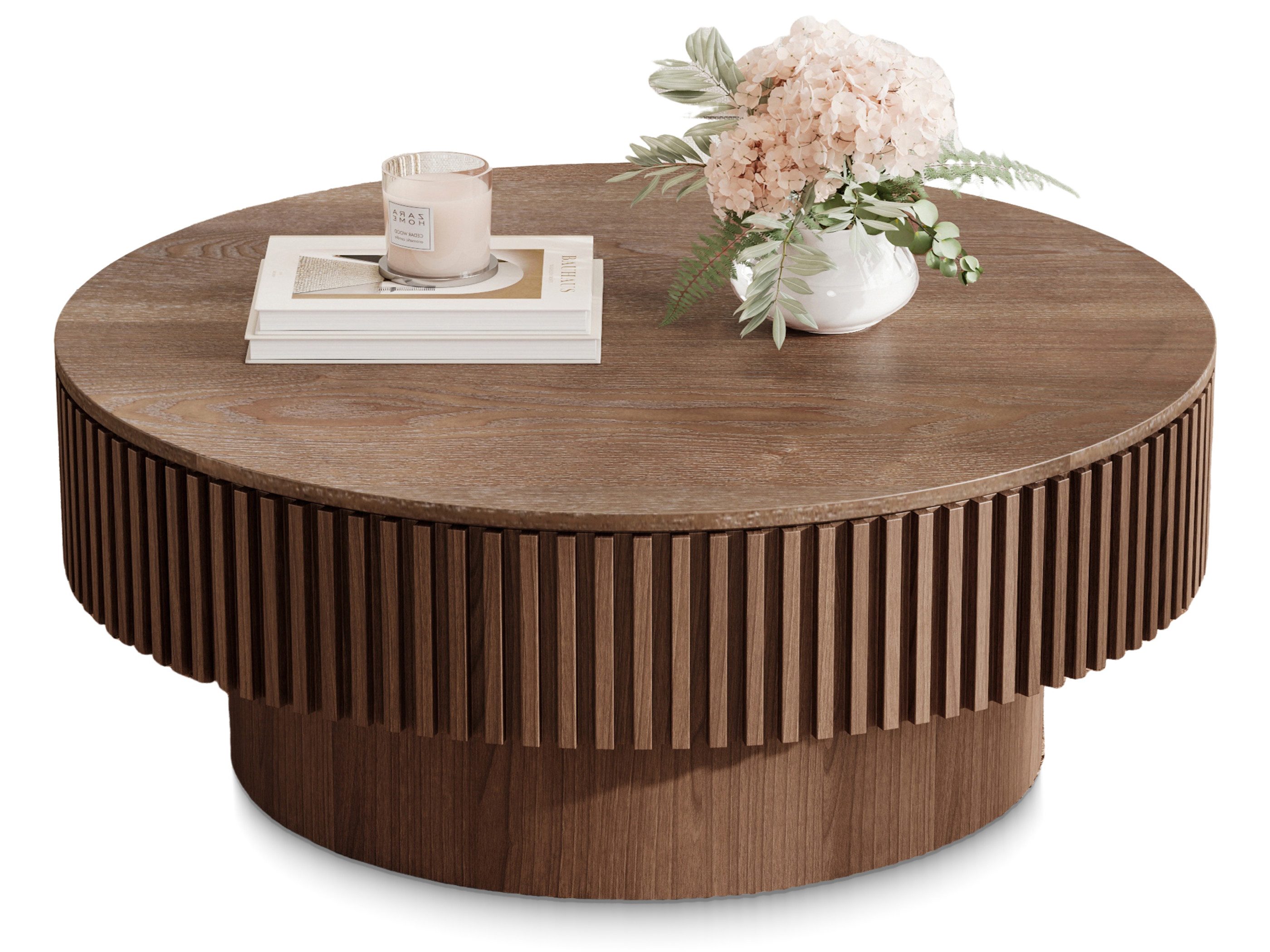 SeedWave Couchtisch mit Stauraum Sofatisch in Pilzform mit 75cm Runder Tischplatte, Wohnzimmertisch mit Massivholzfurnier