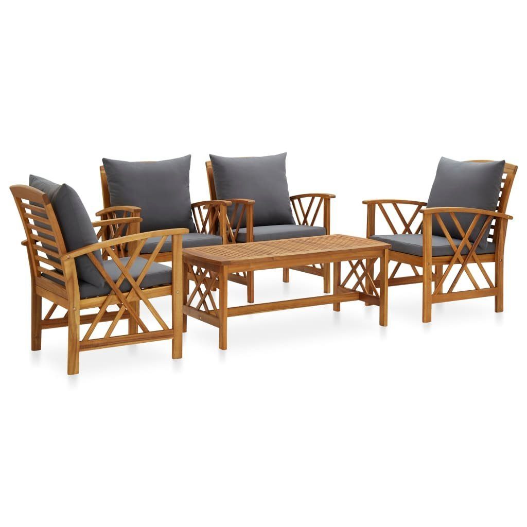 vidaXL Gartenlounge-Set 5-tlg. Garten-Lounge-Set mit Auflagen Massivholz, (1-tlg)