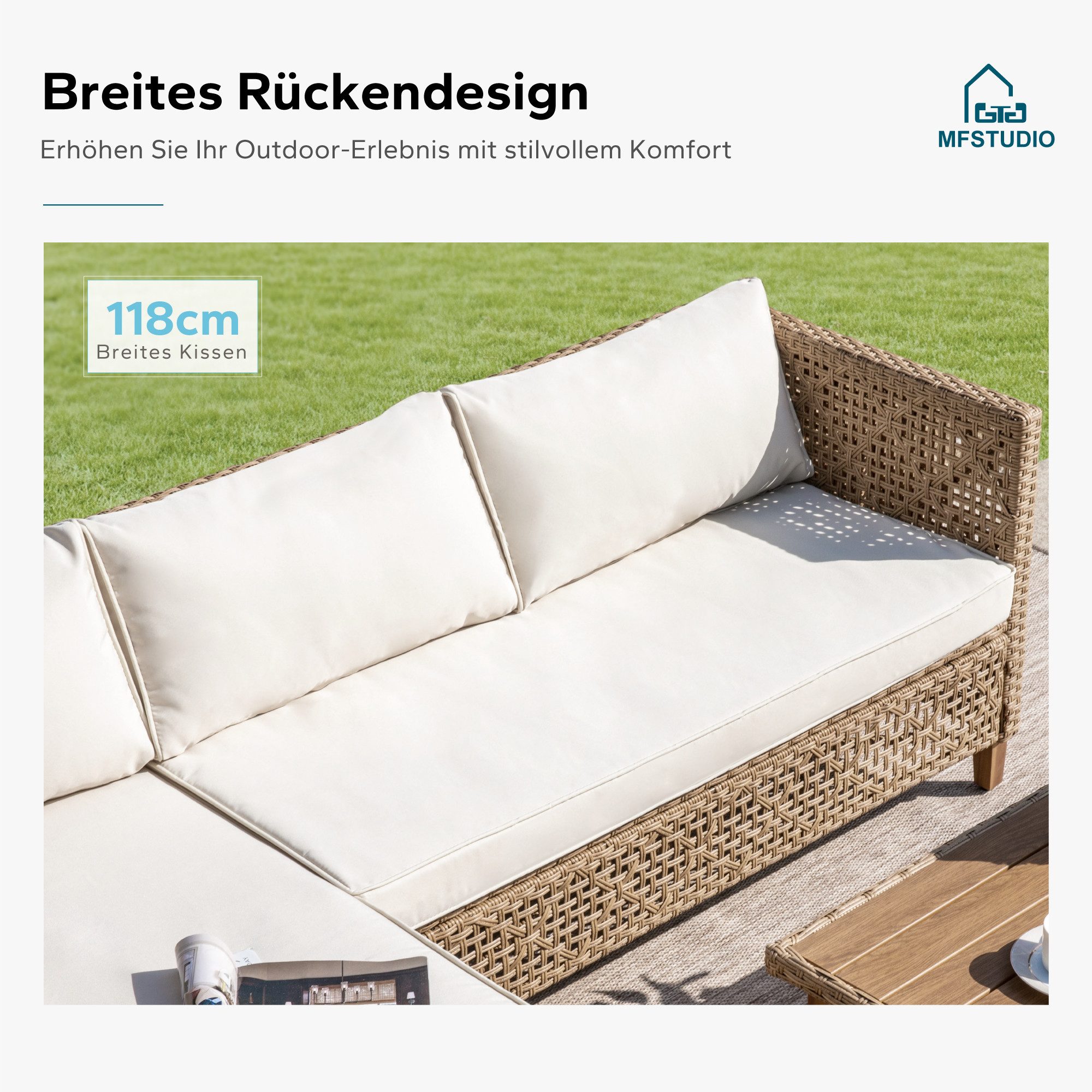 PHI VILLA Gartenlounge-Set, (1 Zweisitzer-Sofa, 1 Chaiselongue und 1 Kleiner Couchtisch, PE Rattan Lounge Möbel Outdoor), 4 Personen Terassenmöbel Außen Gartensofa, Beige und Dunkelblau