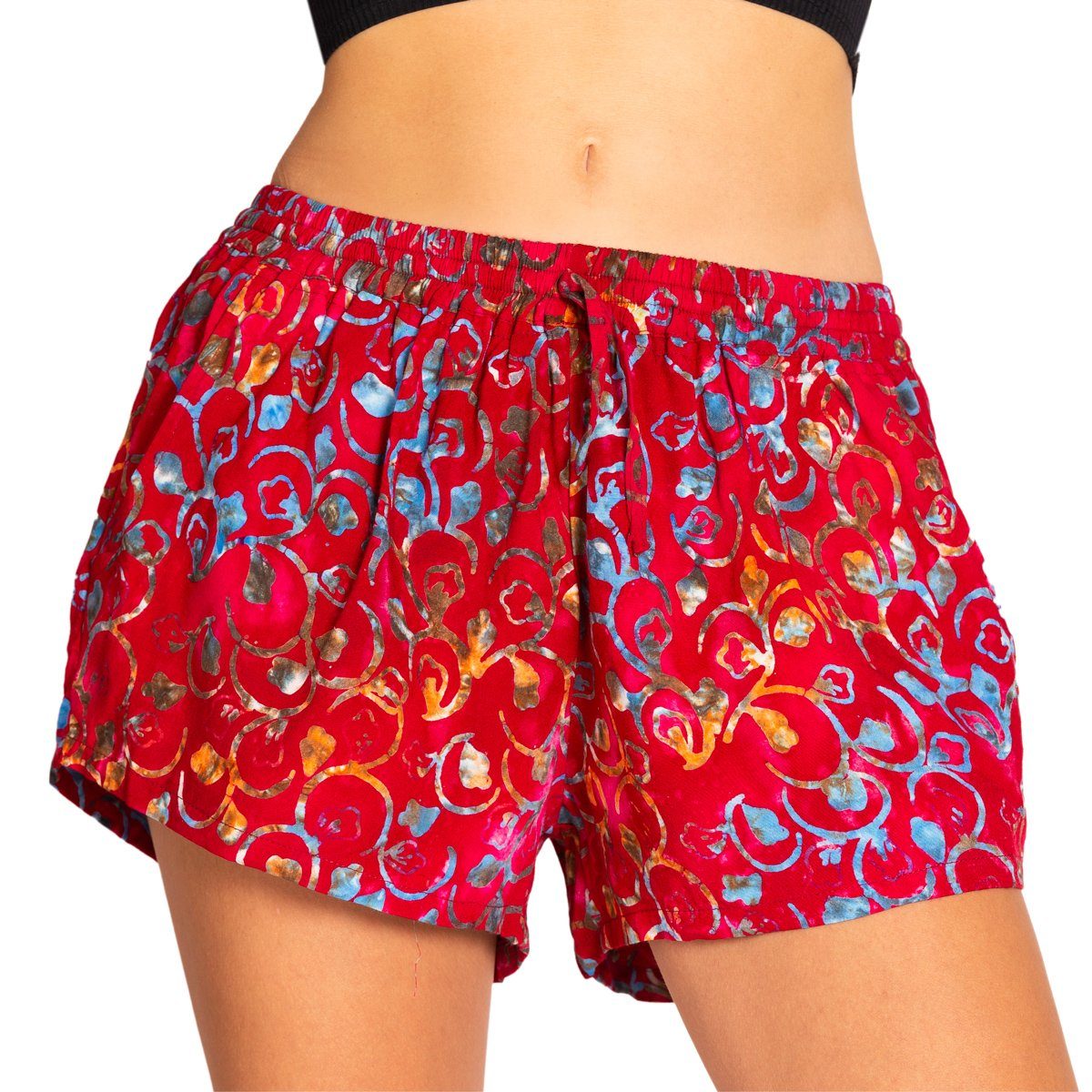 PANASIAM Strandshorts Damen Shorts Wachsbatik für Strand Yoga oder Meditation farbecht und angenehm zu Tragen Relaxshorts Damenshorts kurze Sporthose B507 red-floral