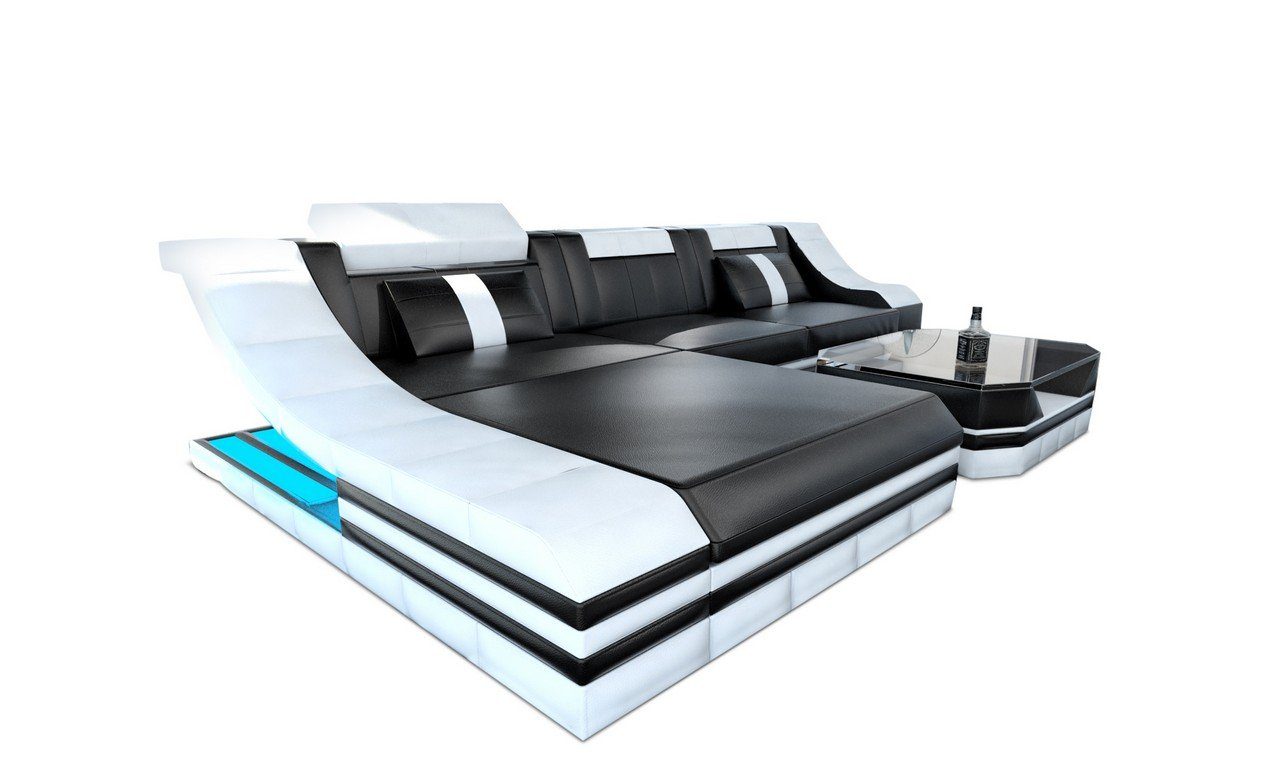 Ecksofa USB-Anschluss und Schwarz Form Weiß Sofa Eckcouch L Lagerware, Leder Ecksofa mit Designer Turino Dreams Couch LED-Beleuchtung