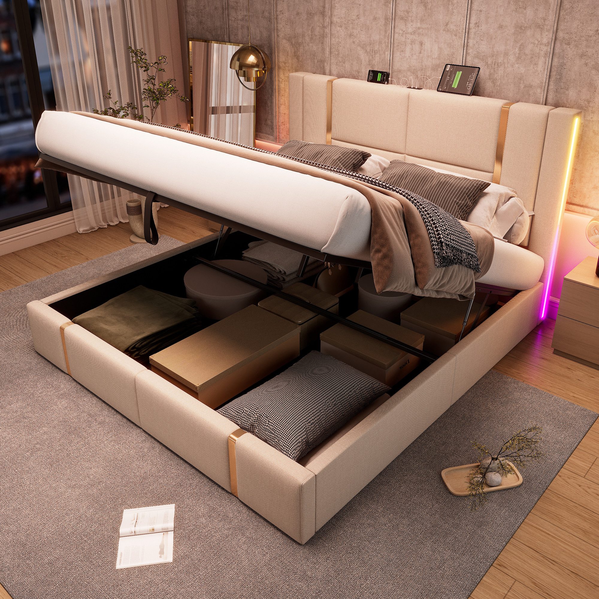 Flieks Polsterbett, LED Hydraulisches Stauraumbett mit USB/Type C Ladefunkt günstig online kaufen