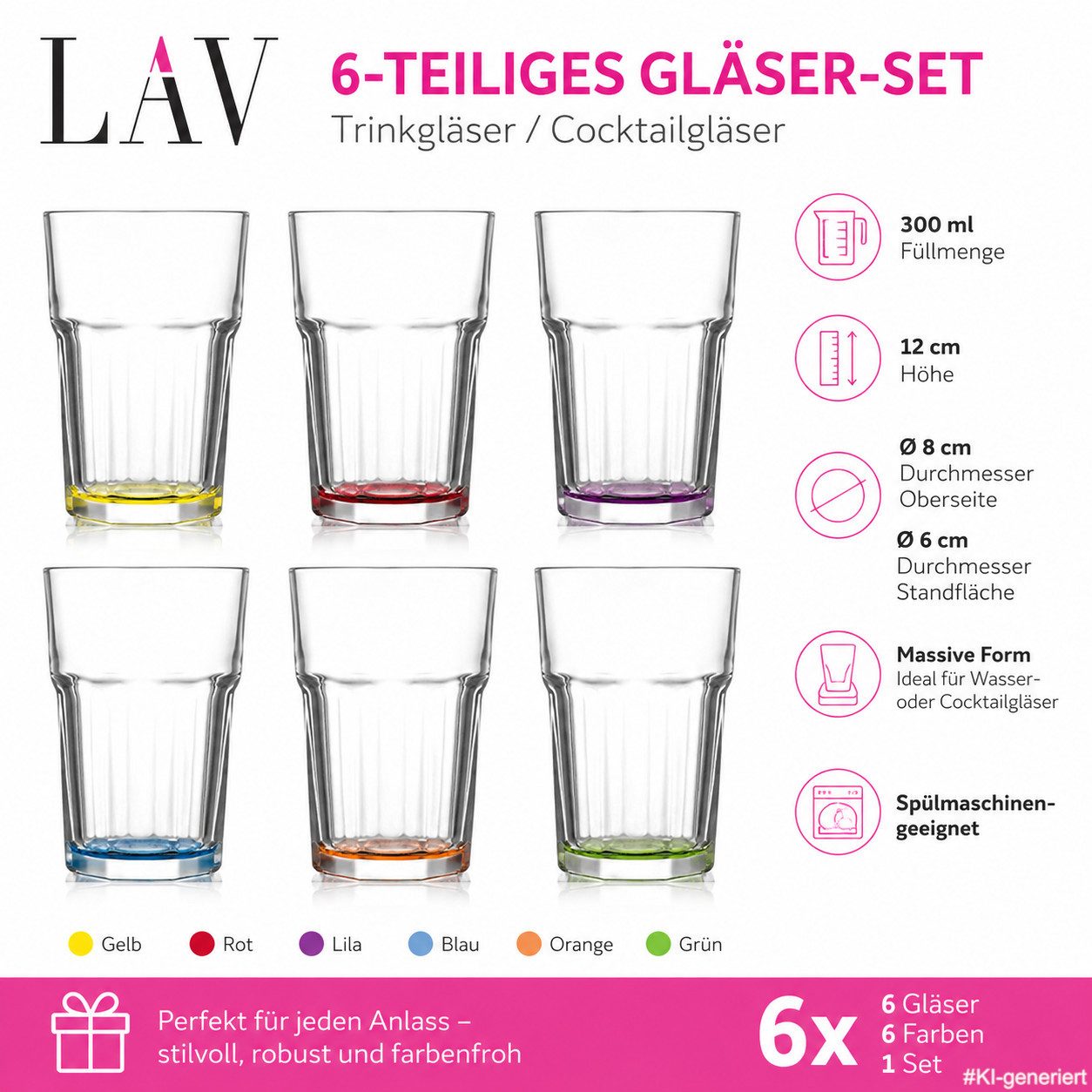 LAV Gläser-Set Caipirinha farbiges Retro Set, 6-tlg., 300ml, spülmaschinengeeignet