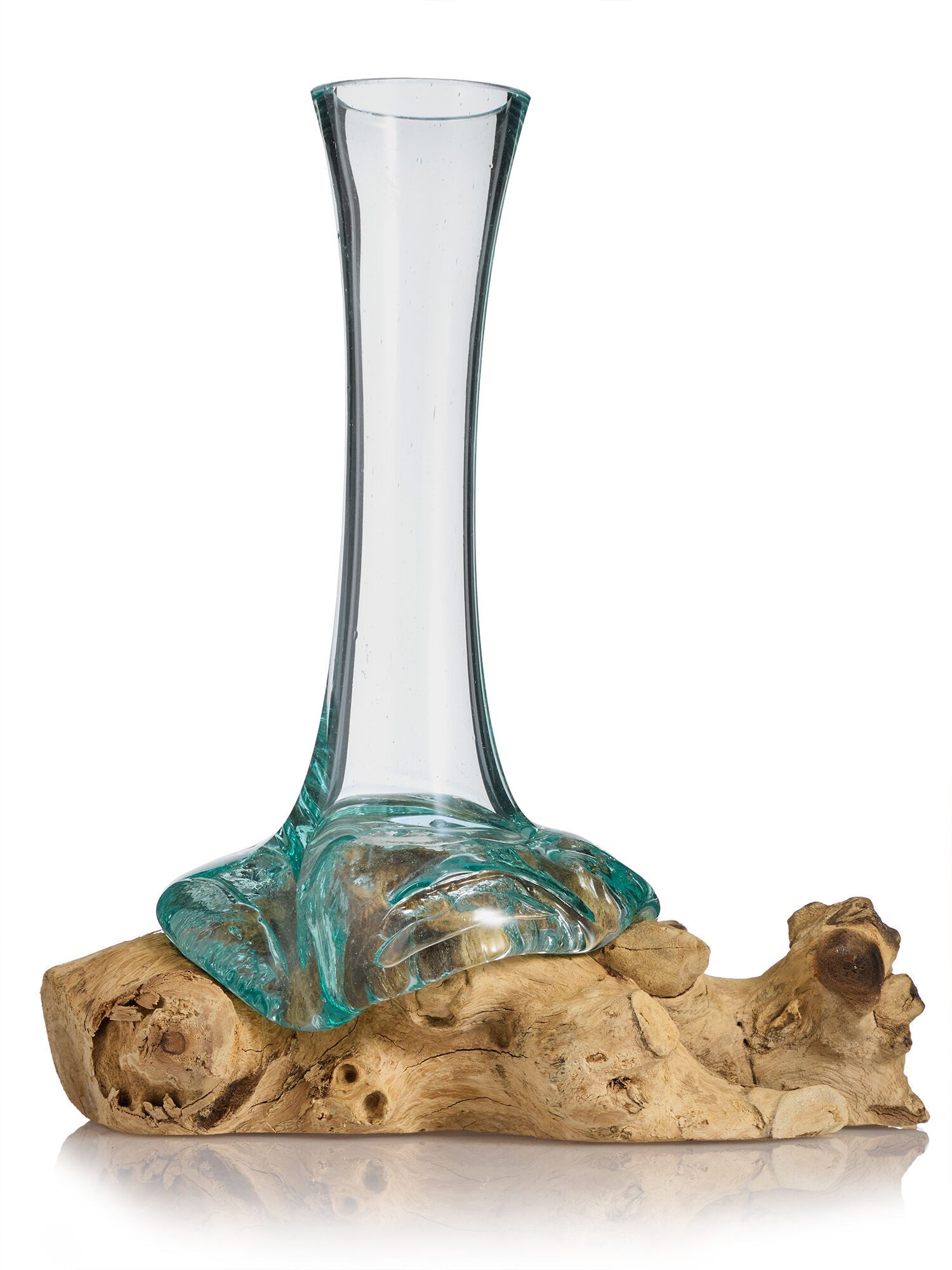 Dekorieren macht glücklich Dekoobjekt Teakholz mit Glasvase, hoch ca. 25cm (4er-Set), Handgefertigtes Unikat – meisterliche Qualität, für In- & Outdoor