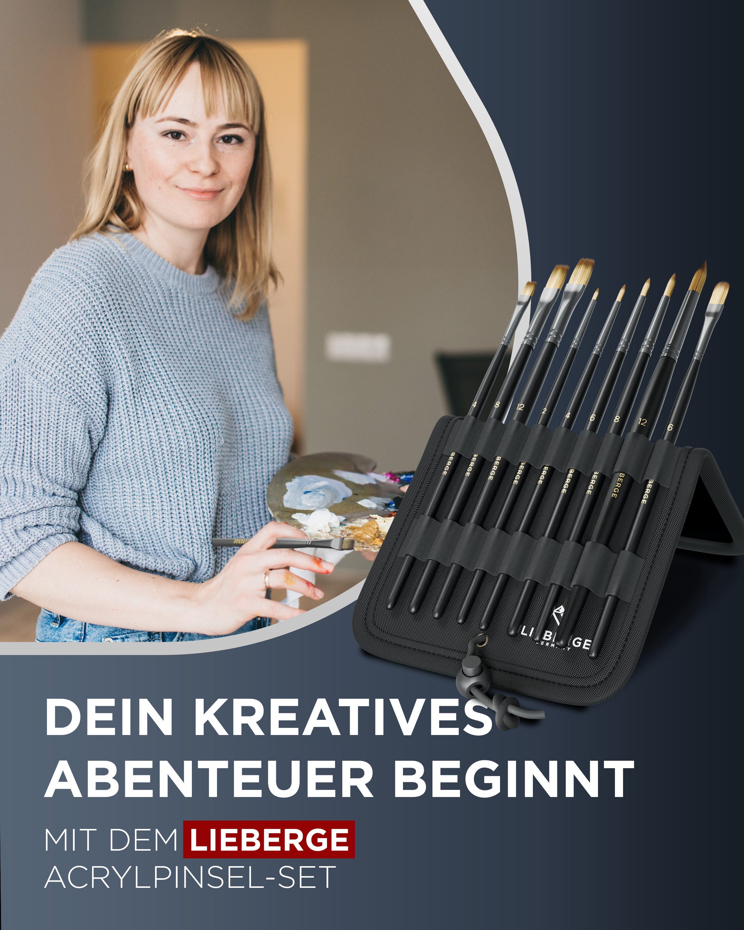 LIEBERGE Malpinsel Premium Set Acryl – 9 Acrylpinsel, inkl. Präsenter, (Set, 9 St., Pinselpräsenter, Flachpinsel, Rundpinsel, Katzenzungenpinsel), Synthetikhaar, vegan, langlabig, hohe Farbaufnahme, Anfänger, Profis