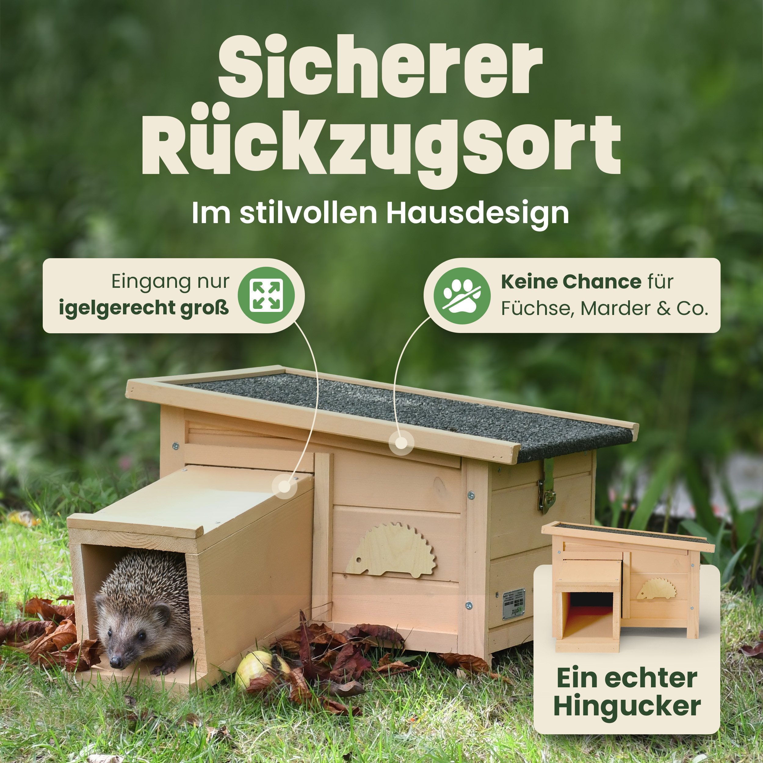 Zooprinz Igelhaus Hugo mit Tunneleingang, abnehmbarem Bitumendach, Winter, Wetterfest, massives Vollholz, Igelhütte Winterquartier