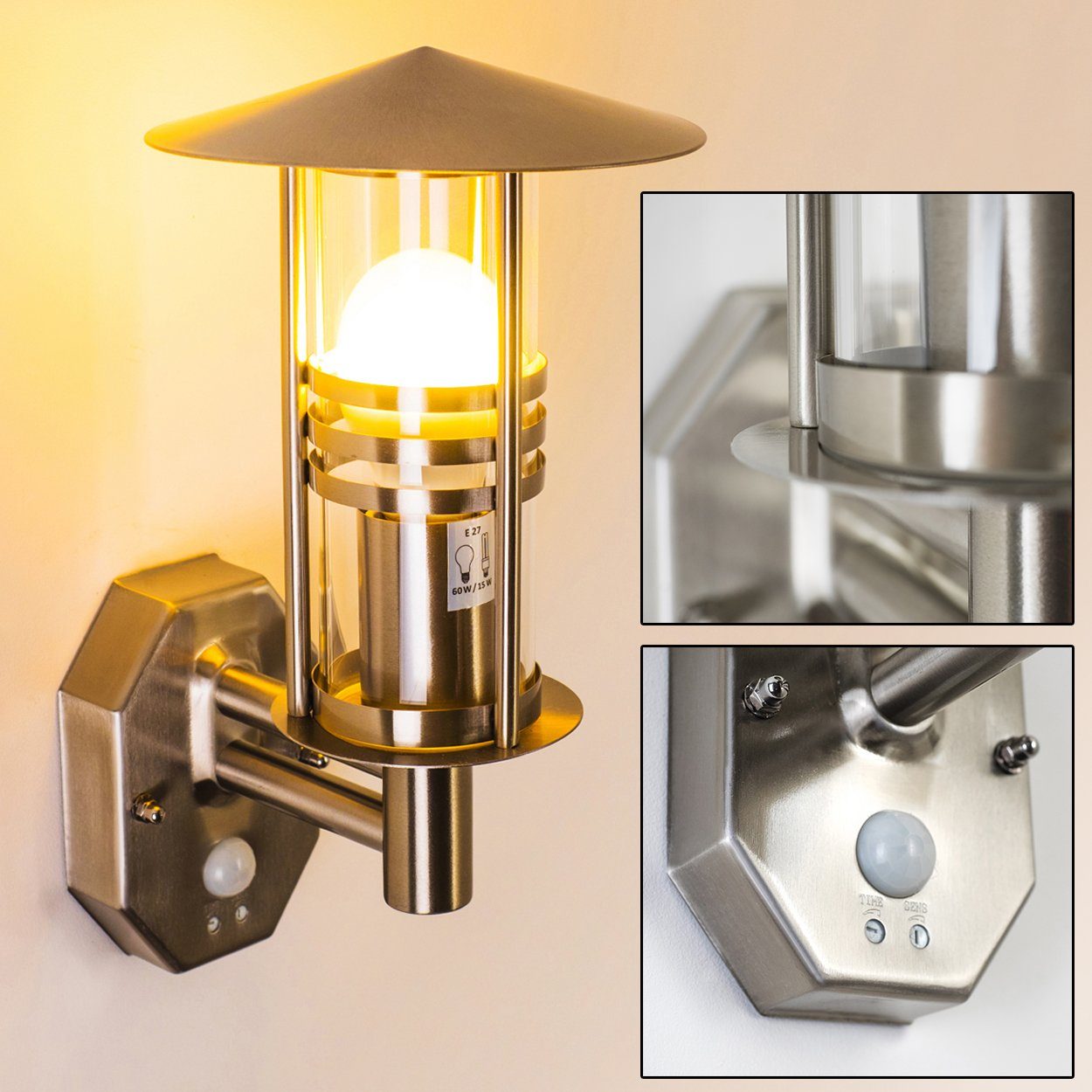 hofstein Außen-Wandleuchte »Latiano« Außenwandlampe aus Edelstahl u. Klarglas-Scheiben, ohne Leuchtmittel, moderne, m. E27, Außenleuchte für Terrasse/Hof/Garten, Bewegungsmelder