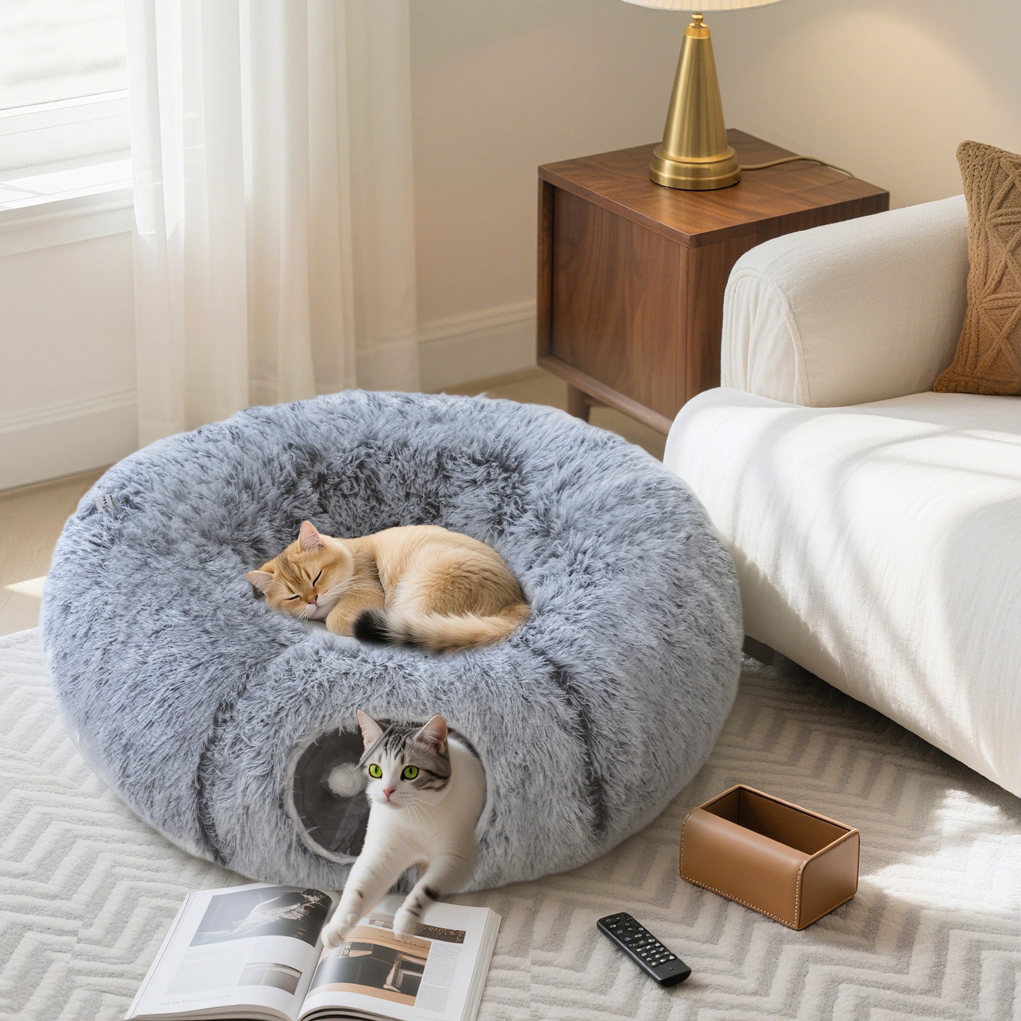PawHut Tiertunnel Katzenspielzeug, 2-in-1 mit Spielball, Katzenhöhle, Polyester, Metall, mit 2 Tunneln, Katzenbett, für Katzen unter 5 kg, Hellgrau