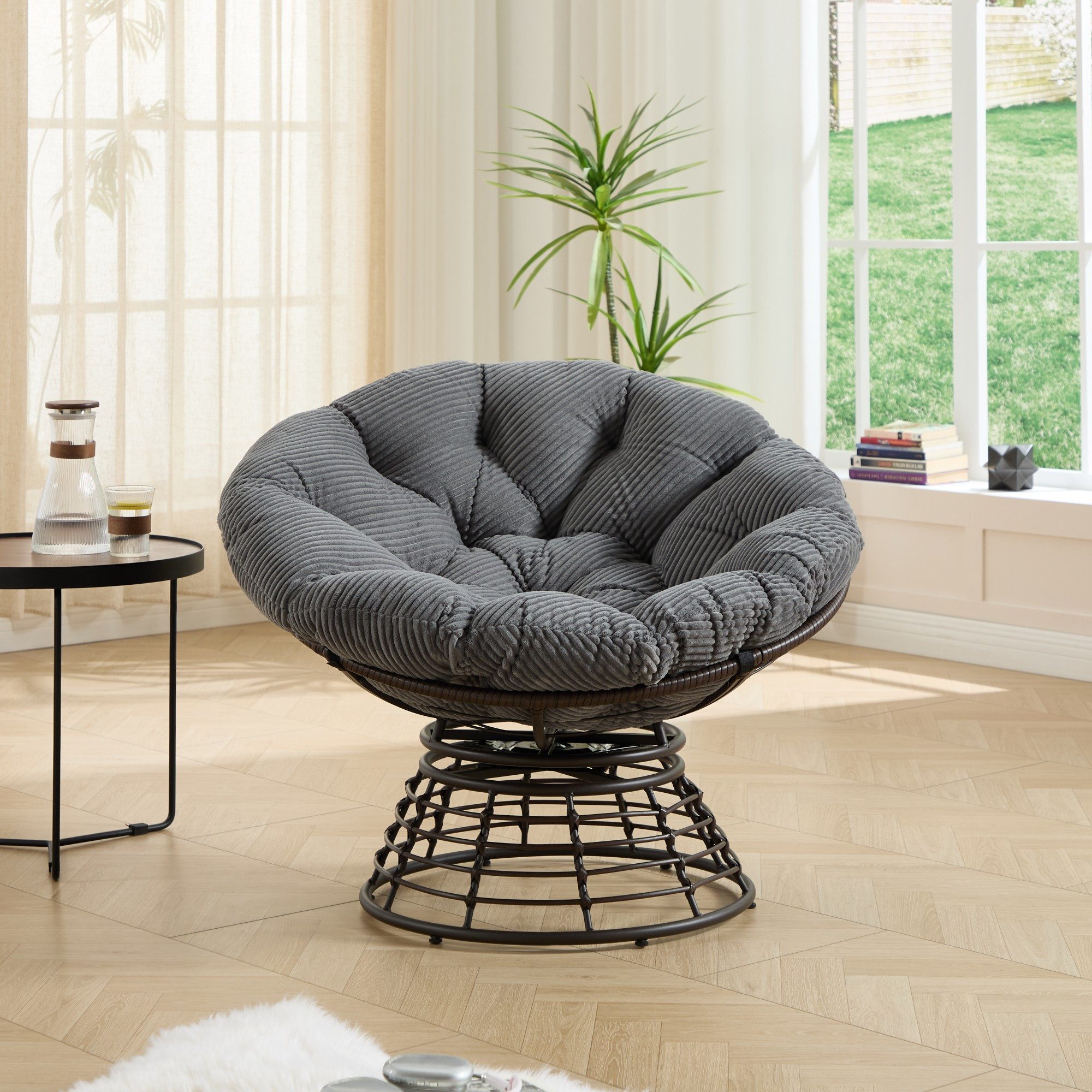 LVHOM Relaxsessel Papasansessel Rattanstuhl mit Kissen, 360° drehbar, Durchmesser 92 cm (Komfortables Sitzerlebnis, 10cm rundes Sitzkissen, ergonomisches Design, rutschfeste Füße, rostfreier Stahlrahmen, Belastbarkeit 130kg), geeignet für Wohnzimmer, Schlafzimmer, Arbeitszimmer, Balkon, Garten