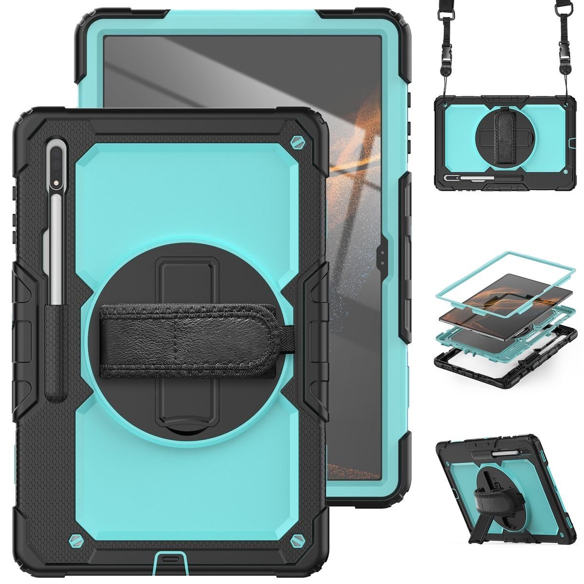 Wigento Tablet-Hülle Für Samsung Galaxy Tab S8 Ultra aufstellbare Outdoor  Hybrid Hülle Hell Blau 360 Grad mit Trage Gurt Tablet Tasche Cover Case  Schutz
