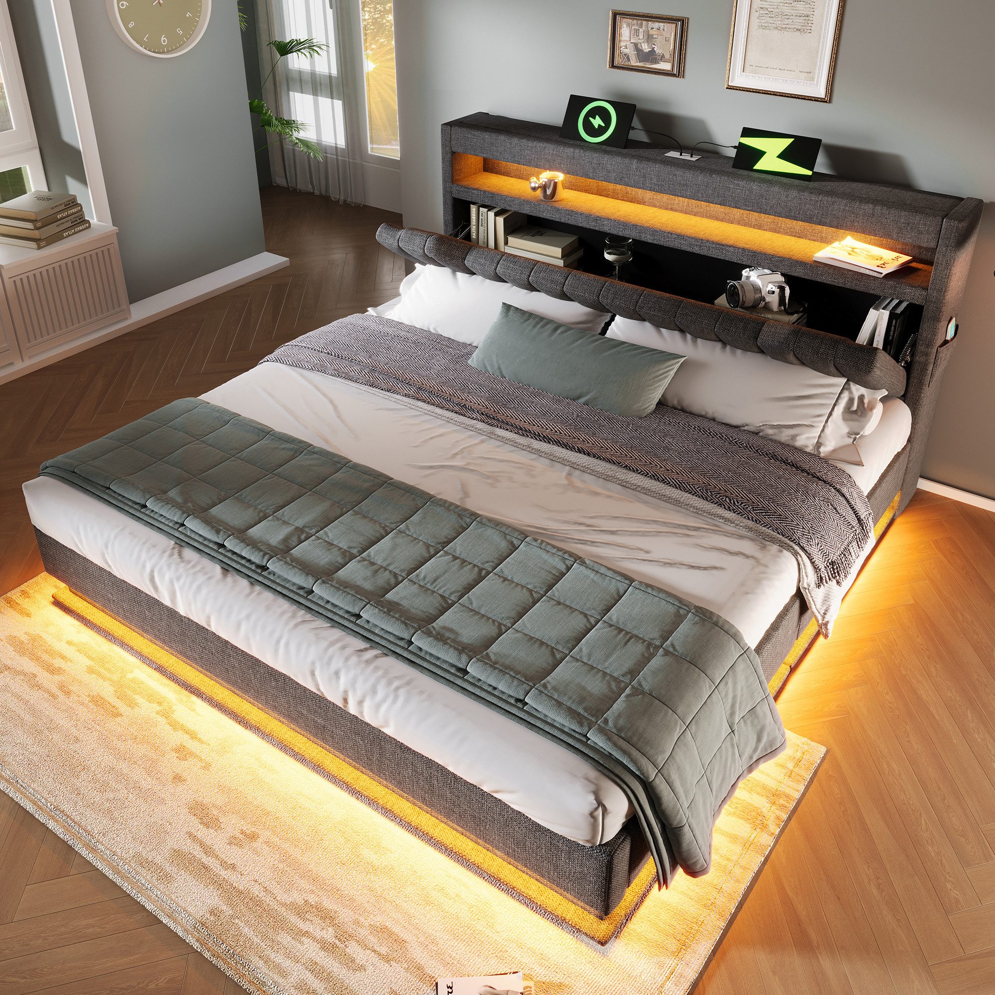 MODFU Polsterbett mit Stauraum LED Beleuchtung Ladefunktion (Struraumbett, Funktionsbett, 160x200 cm, ohne Matratze, Grau), mit USB- und Typ-C-Anschlüssen, LED-Beleuchtung
