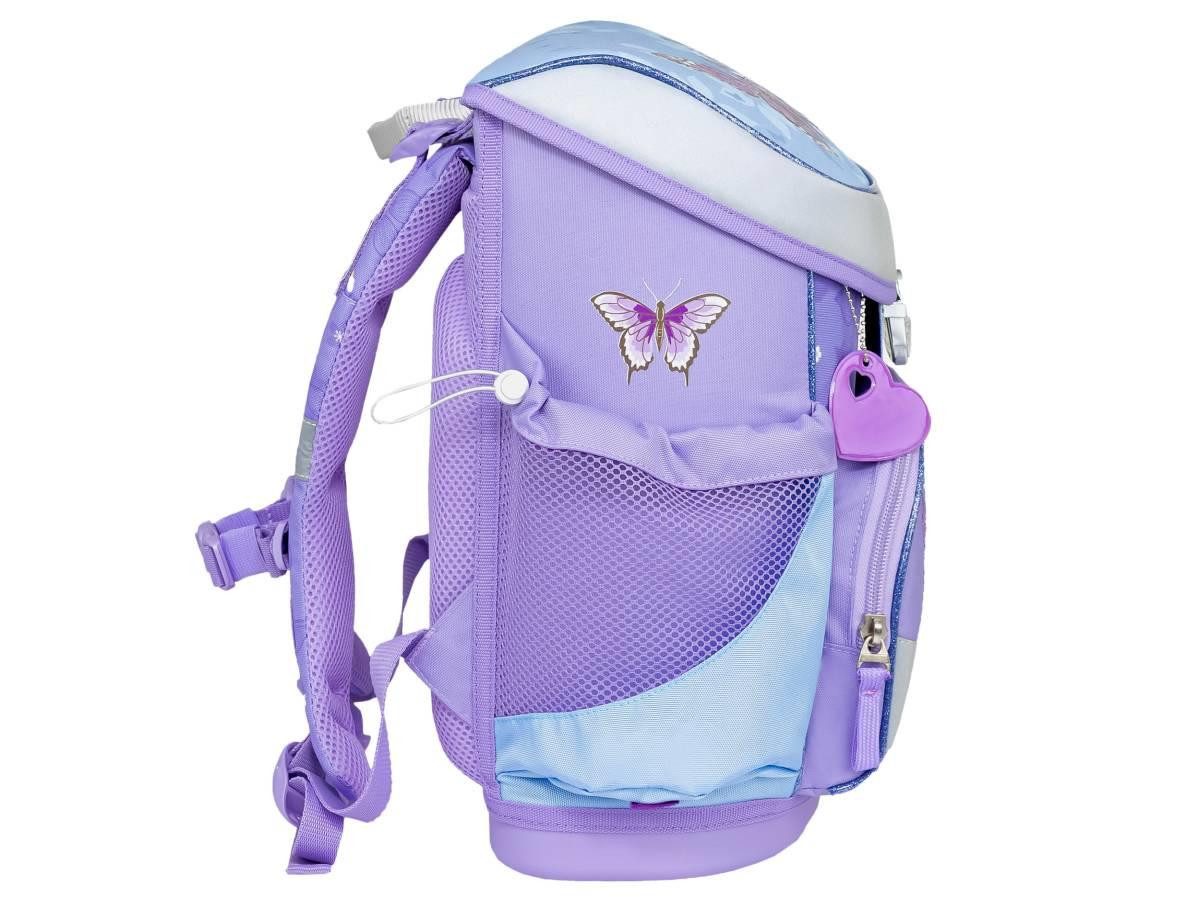 Belmil Schulranzen "Mini-Fit" 2026 für kleine Kinder 1. Klasse (Set, 4-tlg., mit Sportbeutel, Federtasche, Schlamper, Brustgurt), Schmetterling, Grundschule, Einschulung, für Mädchen