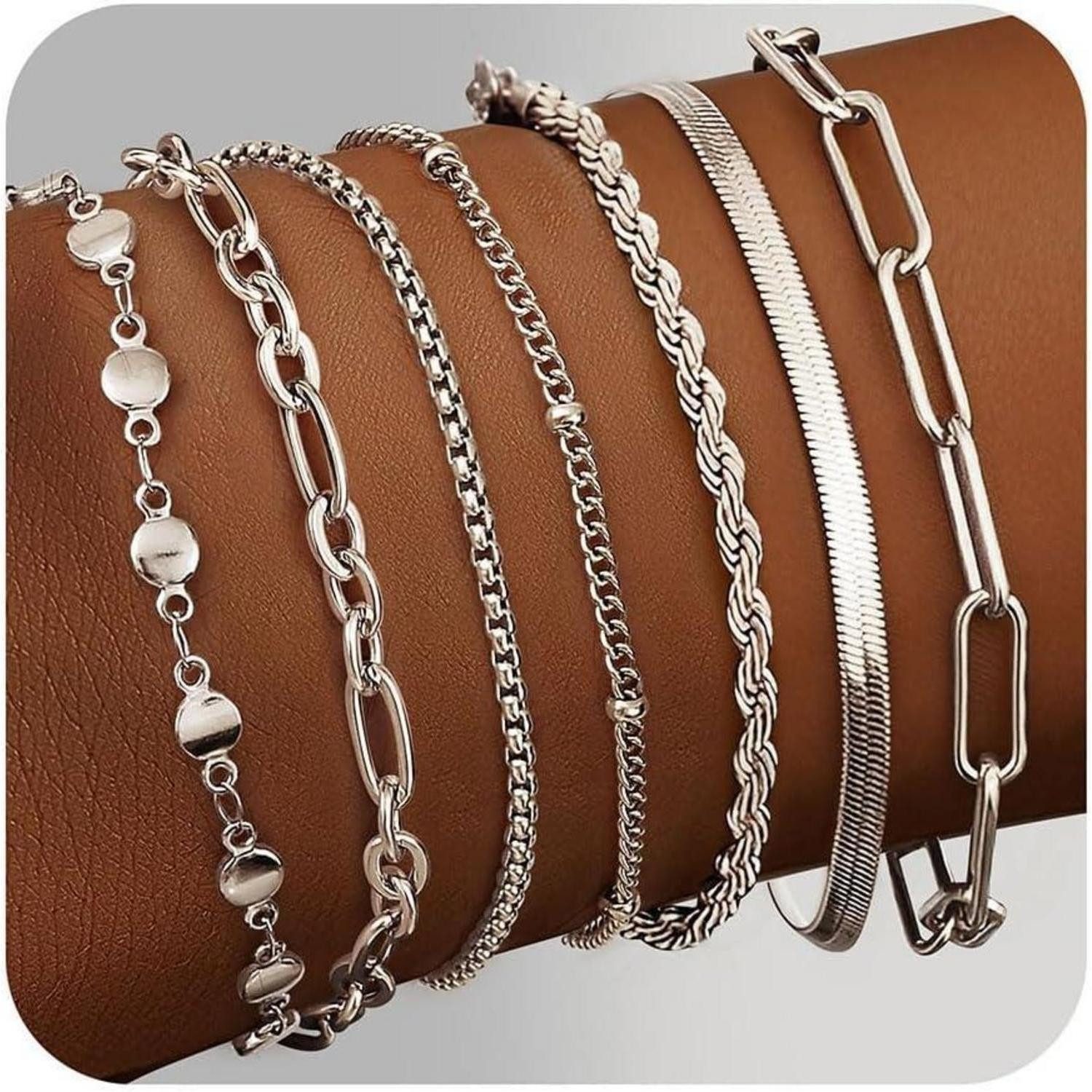 LuxusKollektion Ketten und Armband Set Armband Damen 7er Set Edelstahl 14K Vergoldet Verstellbar Silber