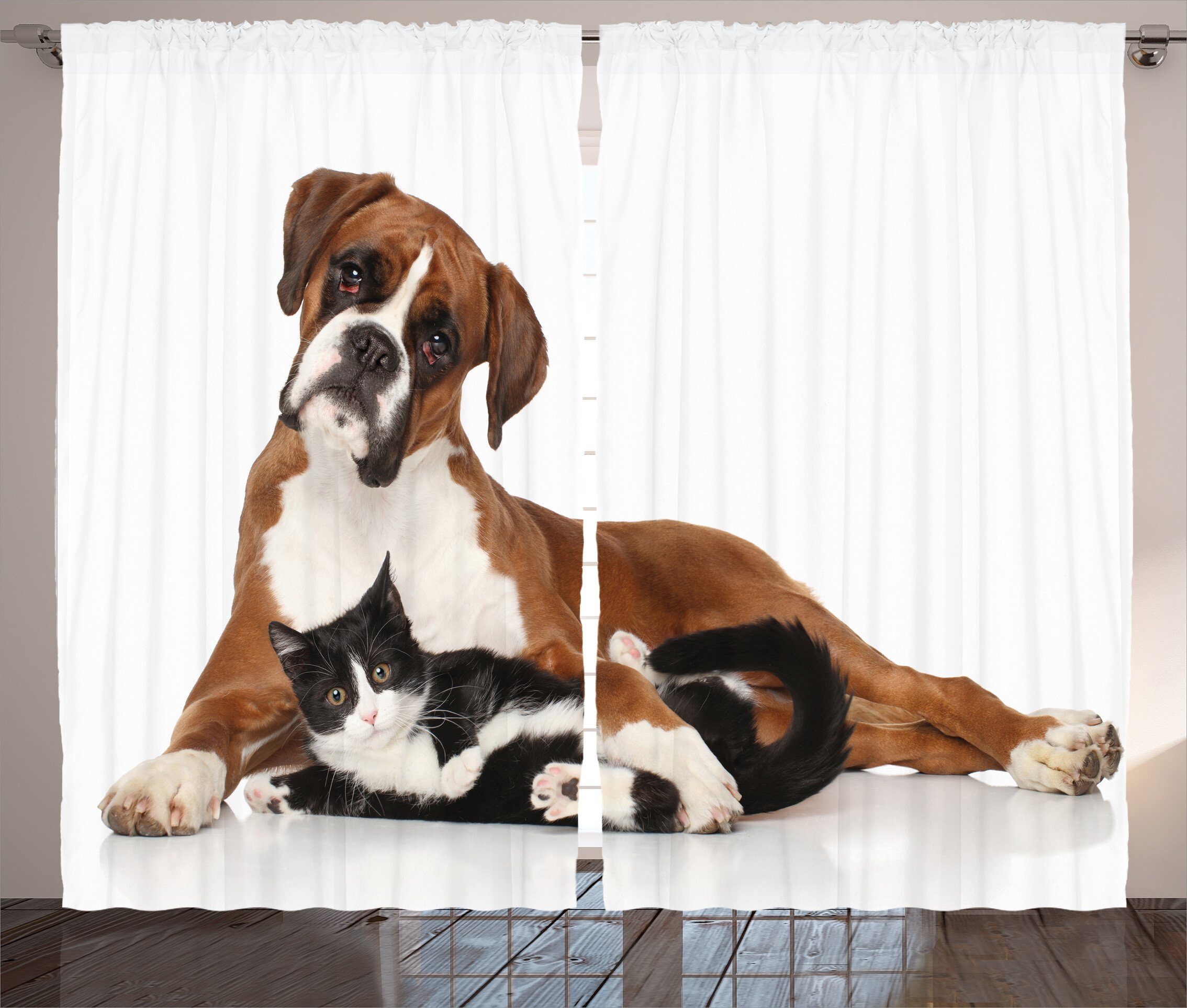 Gardine Schlafzimmer Kräuselband Vorhang mit Schlaufen und Haken, Abakuhaus, Tier Katze Hund Freunde Portrait