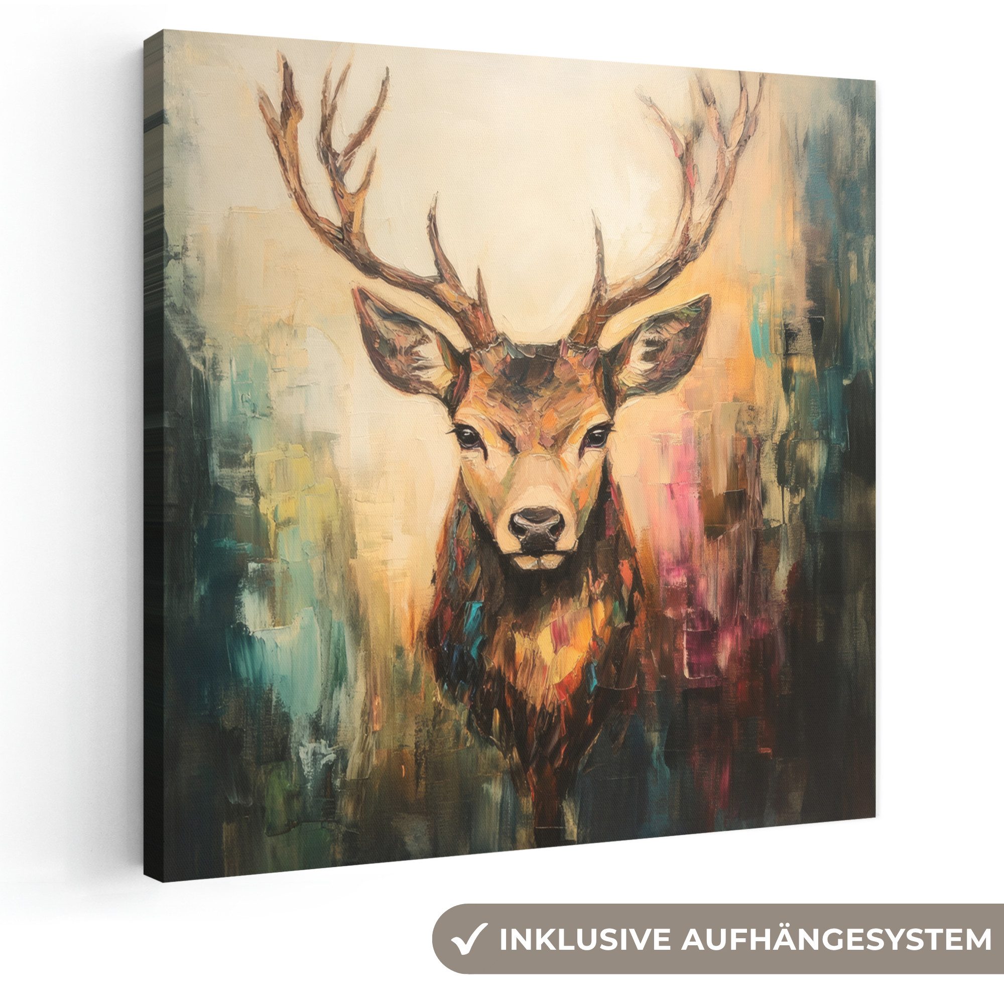 OneMillionCanvasses® Leinwandbild Hirsch - Gemalt - Geweih - Braun, Fotodruck (1 St), Wandbild, Deko Schlafzimmer Wohnzimmer Flur 20x20 cm