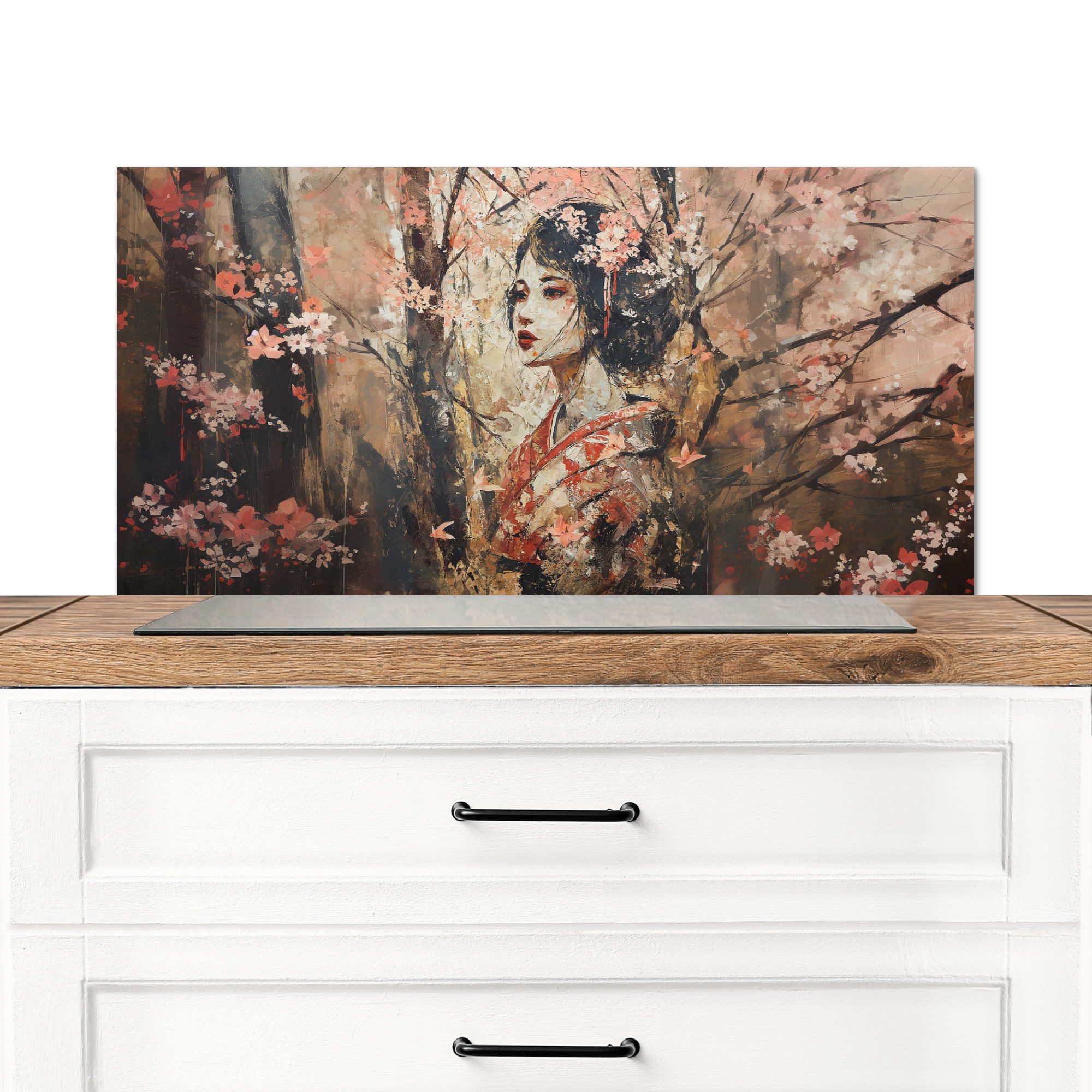 MuchoWow Küchenrückwand Kimono - Frau - Kirschbäume, (1-tlg), Küchenrückwand Aluminium Platte, 80x40 cm