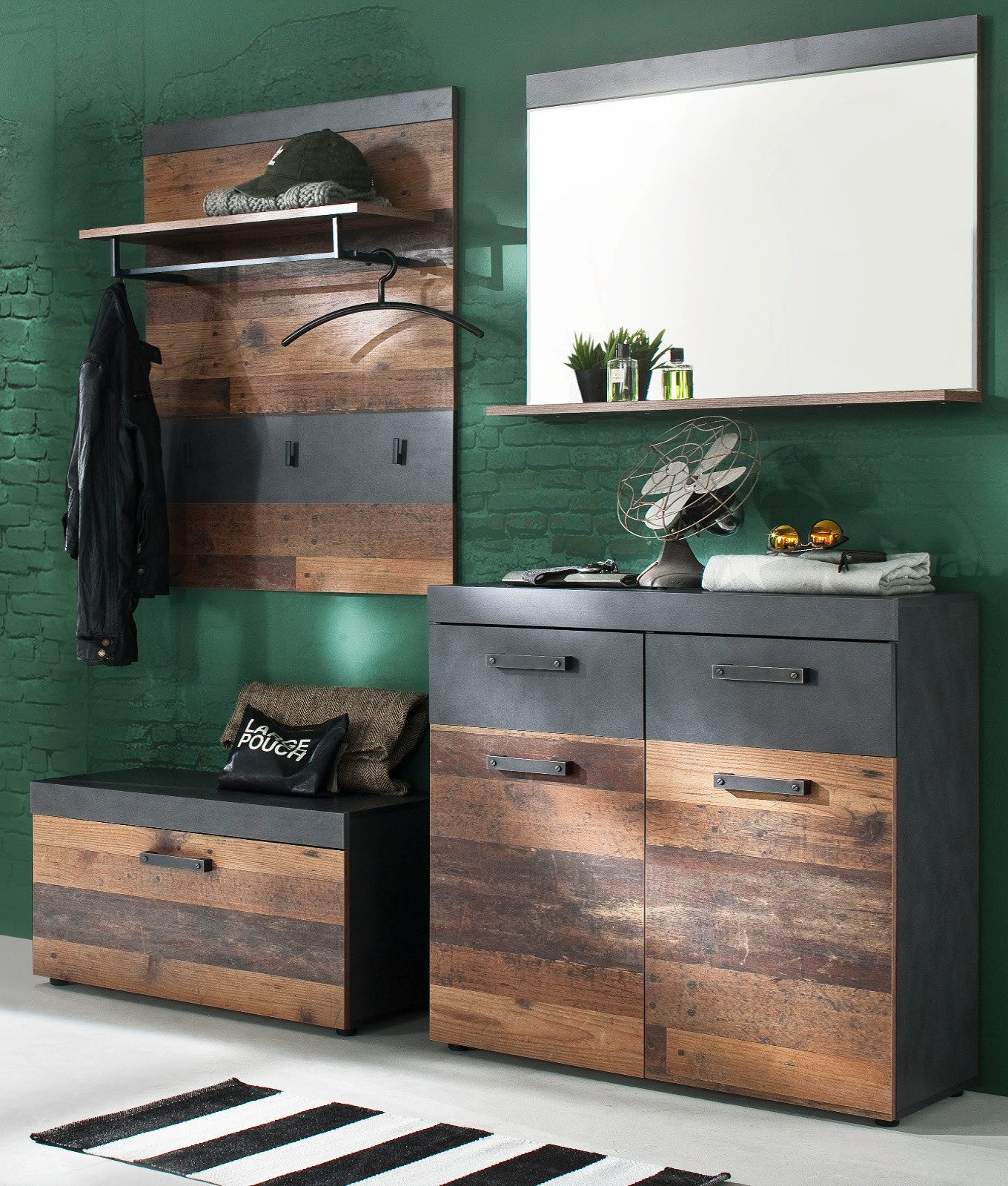 Inn.Furn Garderoben-Set Indy, (Garderobe in Used Wood / Altholz Optik und Grau, Set 4-teilig, 180 x 192 cm), mit viel Stauraum