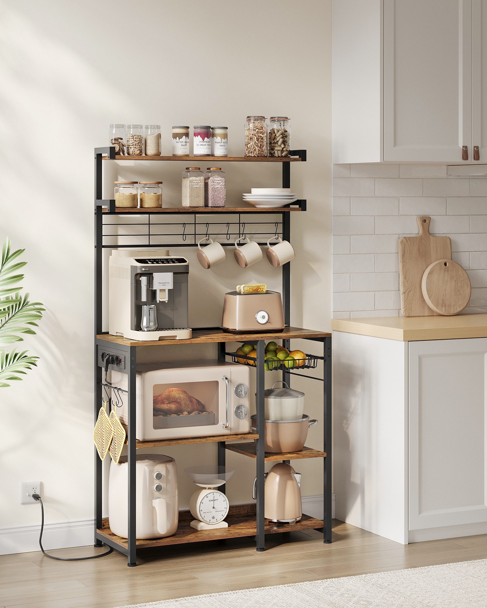 VASAGLE Küchenregal, Küchenregal mit Steckdosen, 8 S-Haken, mit Korb, Gewür günstig online kaufen