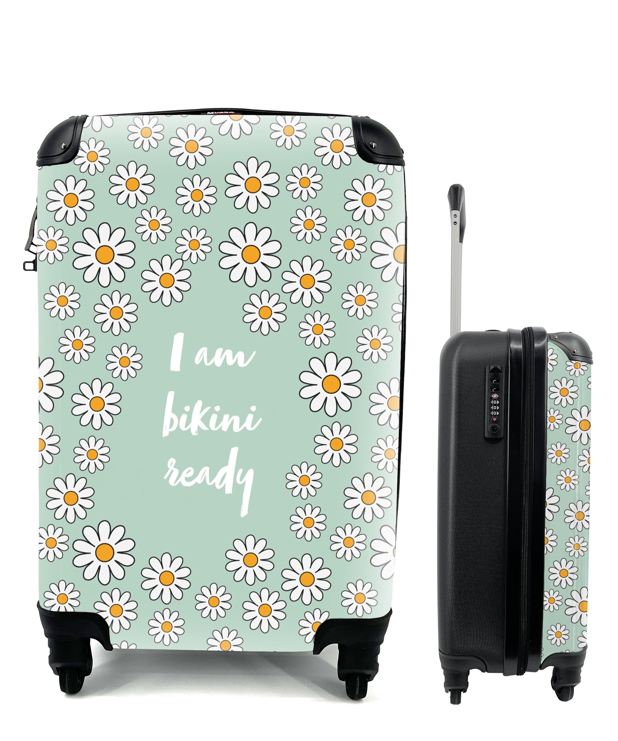 MuchoWow Handgepäckkoffer Ich bin bereit für den Bikini - Blumen - Grün - Zitat, 4 Rollen, Reisetasche mit rollen, Handgepäck für Ferien, Trolley, Reisekoffer