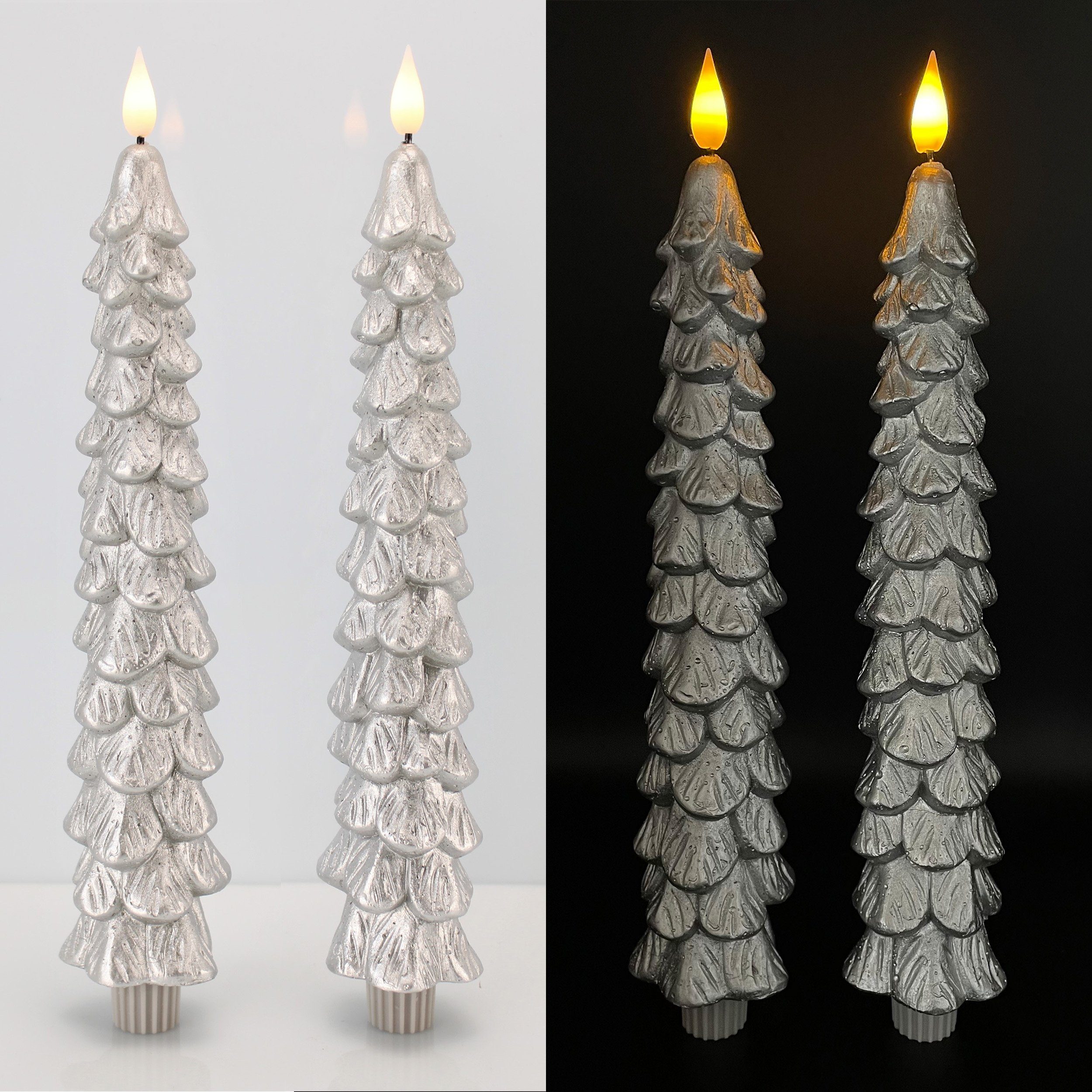 Online-Fuchs LED-Kerze 2er Set LED Stabkerzen in Tannenbaumoptik Silber mit Timerfunktion (Silikonverschluss konisch von 1,9 auf 2,1 cm), Höhe ca. 34 cm, Durchmesser ca. 6 cm