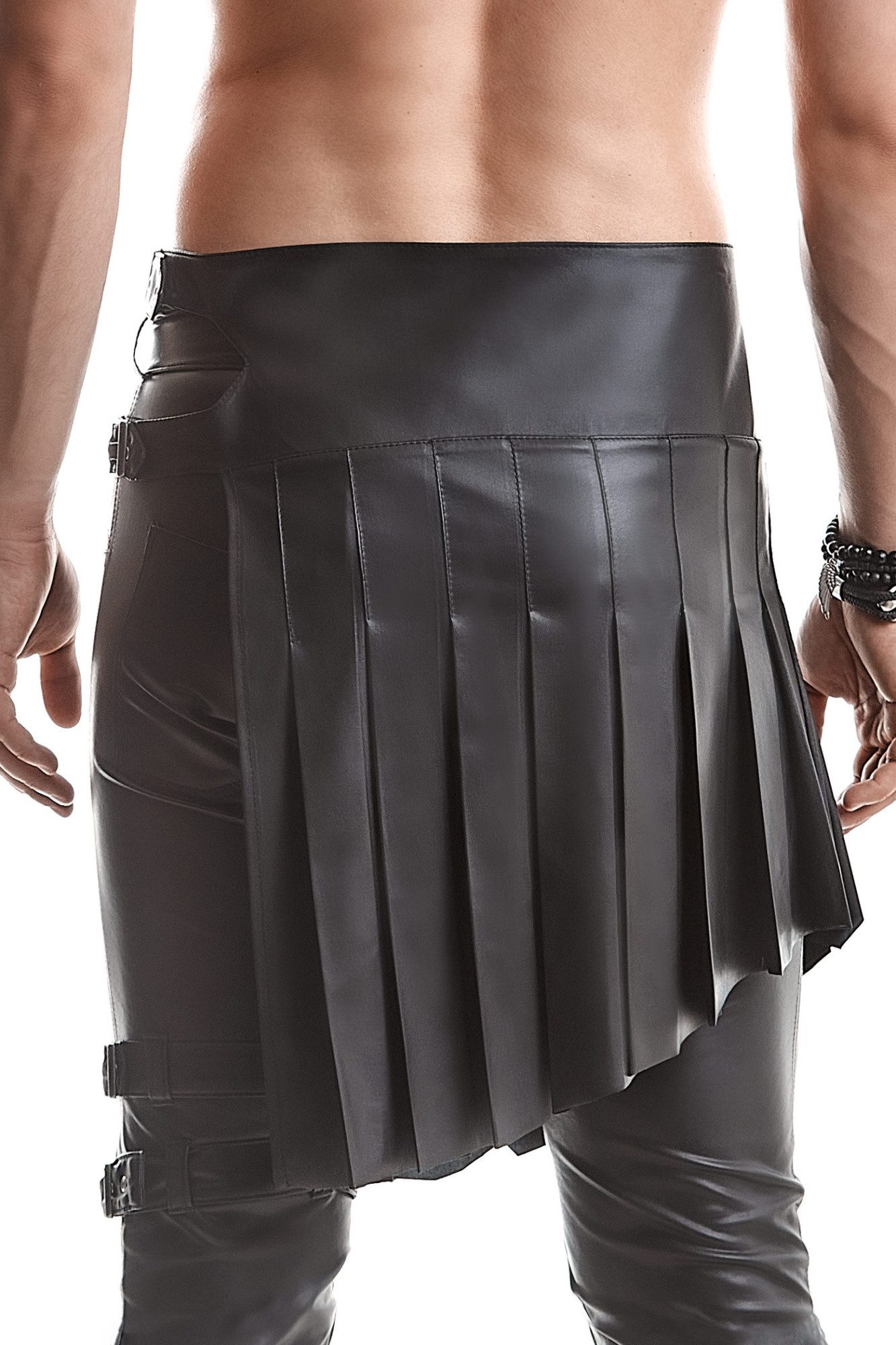 Regnes Fetish Planet Faltenrock Herren wetlook Rock schwarz Faltenrock im Gladiator Stil mit Schlitz u