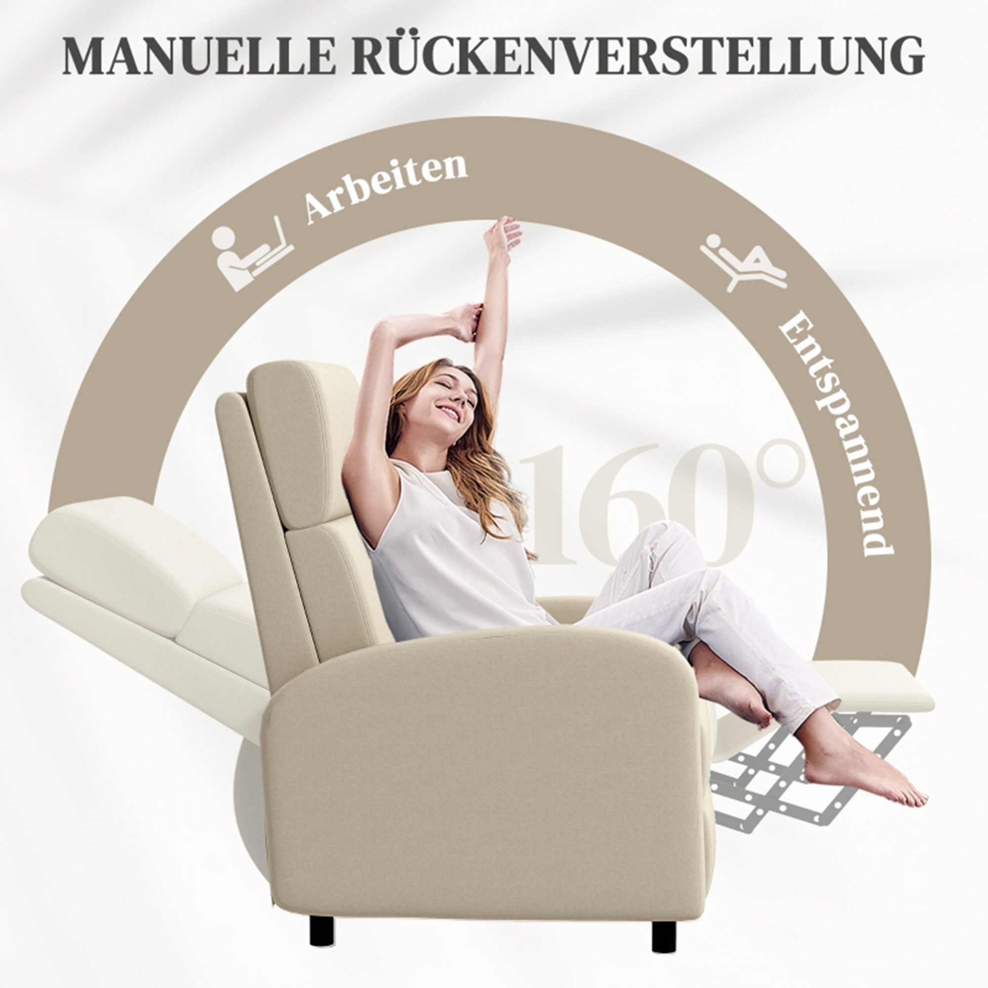 MC Star Relaxsessel Fernsehsessel mit Liegefunktion gepolstert TV-Sessel Liegesessel (mit Leinenoptik, Fußstütze, bis 120 kg Belastbar, für Wohnzimmer, Cremeweiß)