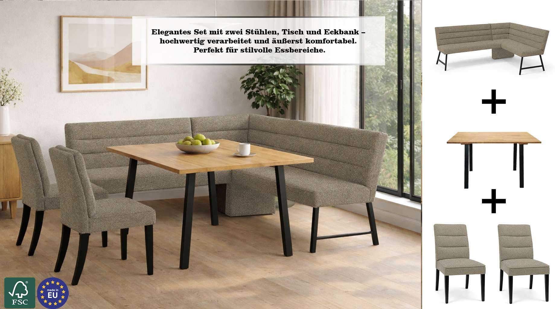 OTTO home Eckbankgruppe Oregon Essecke, Sitzgruppe, Küchenbankgruppe, (Set, 4-tlg., 4er), Eckbank mit Metallfüßen, Esstisch in Eiche massiv
