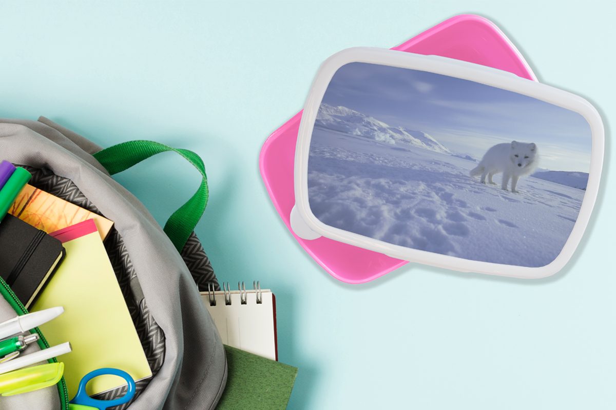 MuchoWow Lunchbox - Erwachsene, Fuchs für Kunststoff Schnee Brotdose Mädchen, Berge, Snackbox, Kunststoff, Brotbox Kinder, rosa - (2-tlg)