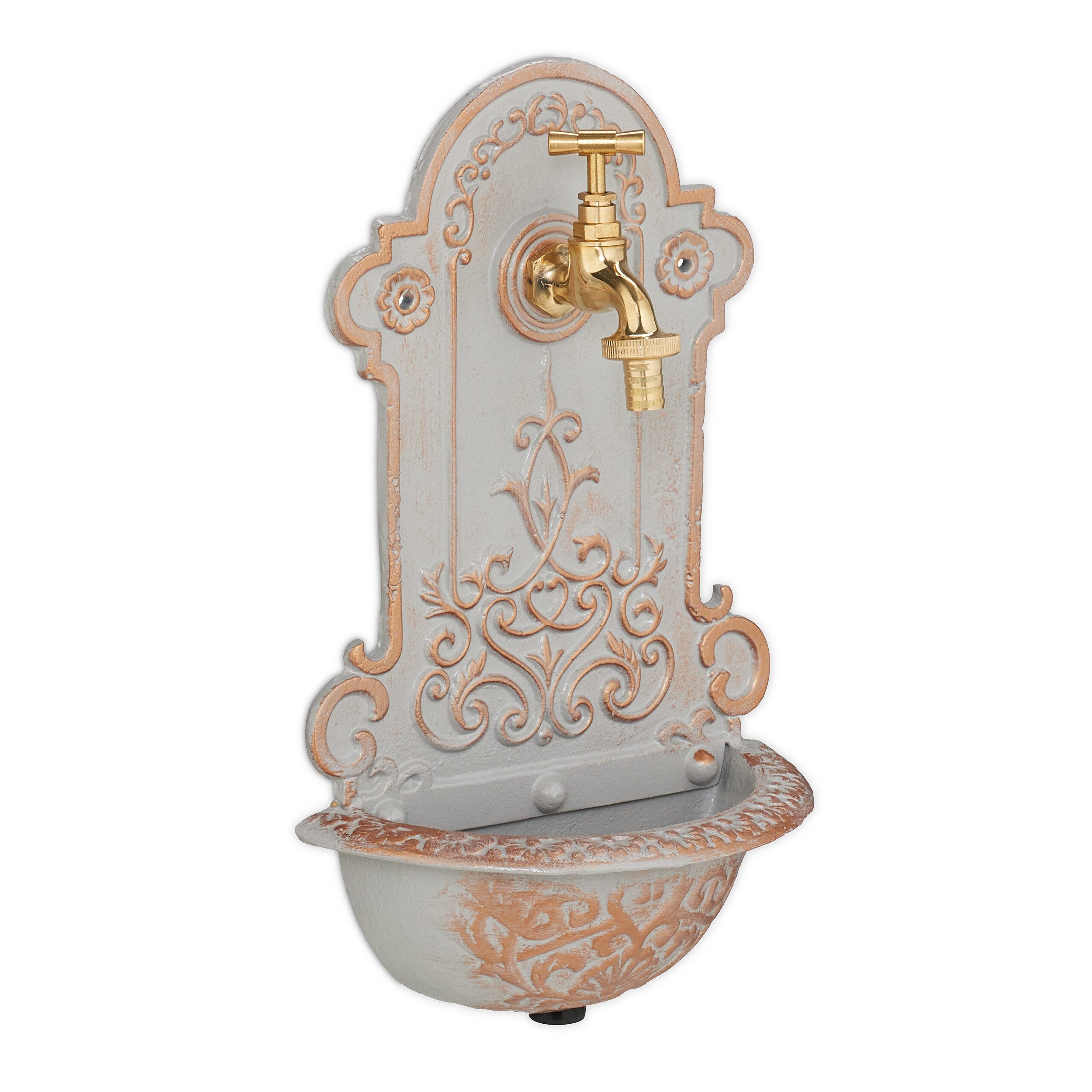 relaxdays Gartenbrunnen Verzierter Wandbrunnen in Gold & Grau, 22 cm Breite, Wasserbecken BxT: 17x7 cm, (3 tlg)