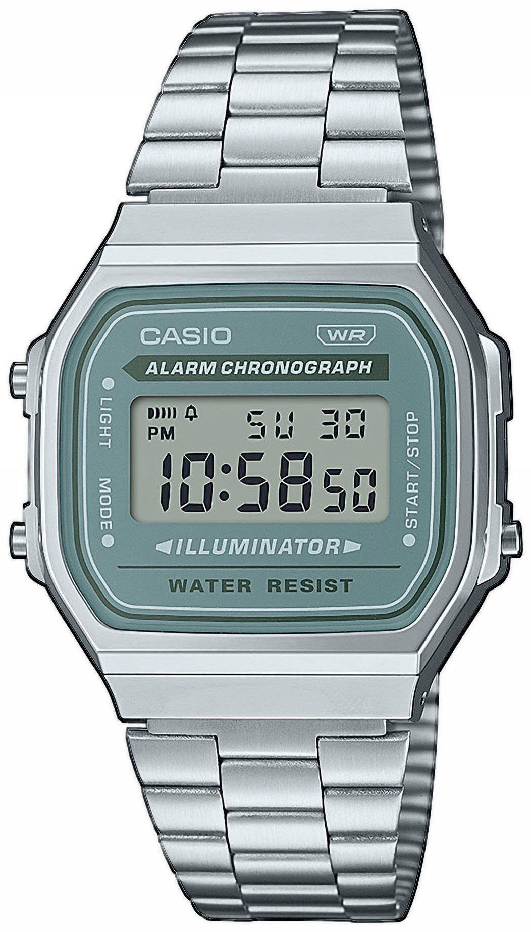 CASIO VINTAGE Chronograph A168WA-3AYES, Quarzuhr, Armbanduhr,Damenuhr, Herrenuhr, Digitaluhr, Edelstahlarmband