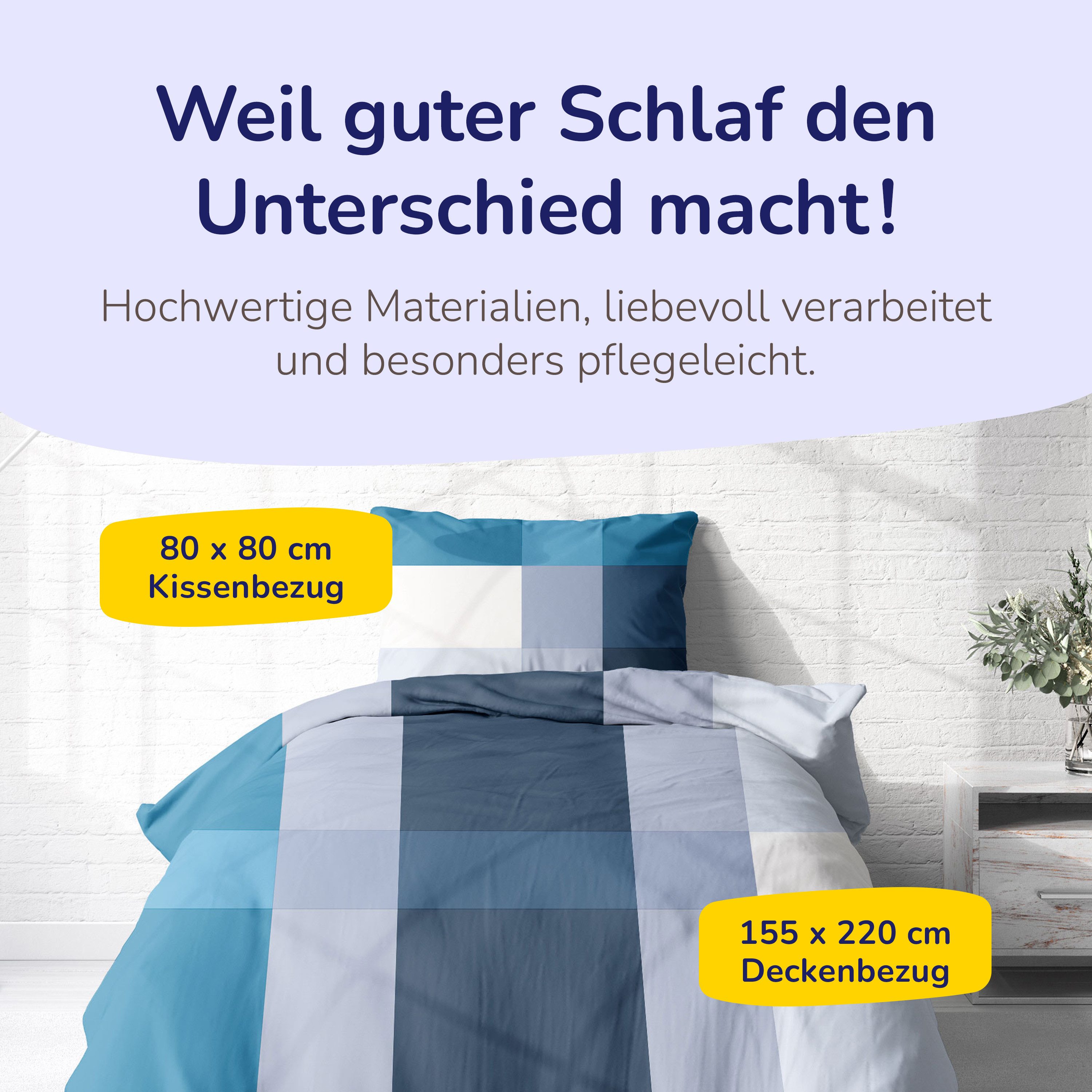 Träumschön Bettwäsche Premium Set aus Baumwolle 135x200 oder 155x220 cm, Karo beige o. blau, Renforcé, 2 teilig, mit Reißverschluss, 100% Baumwolle, luftig leic – Bild 4 von 5