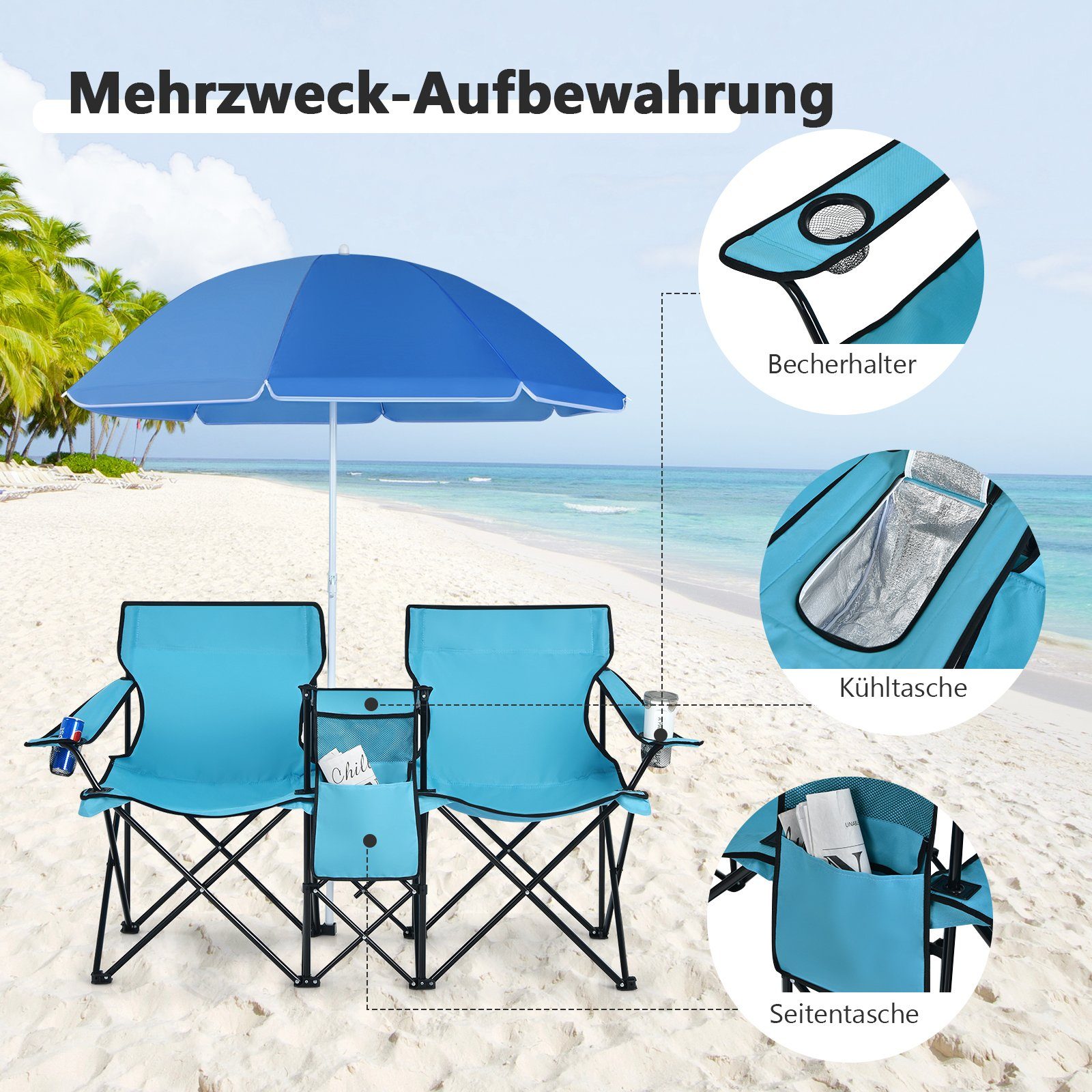 mit & Türkisgrün Sonnenschirm, Campingstuhl, COSTWAY faltbar Getränkehalter Kühltasche,